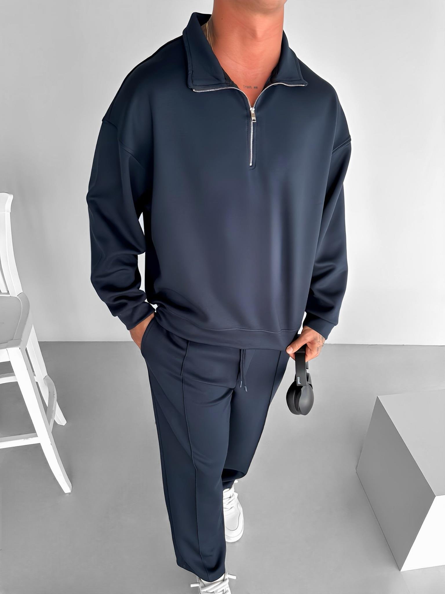 Erkek Oversize Yarım Fermuarlı Esnek Sweatshirt Lacivert