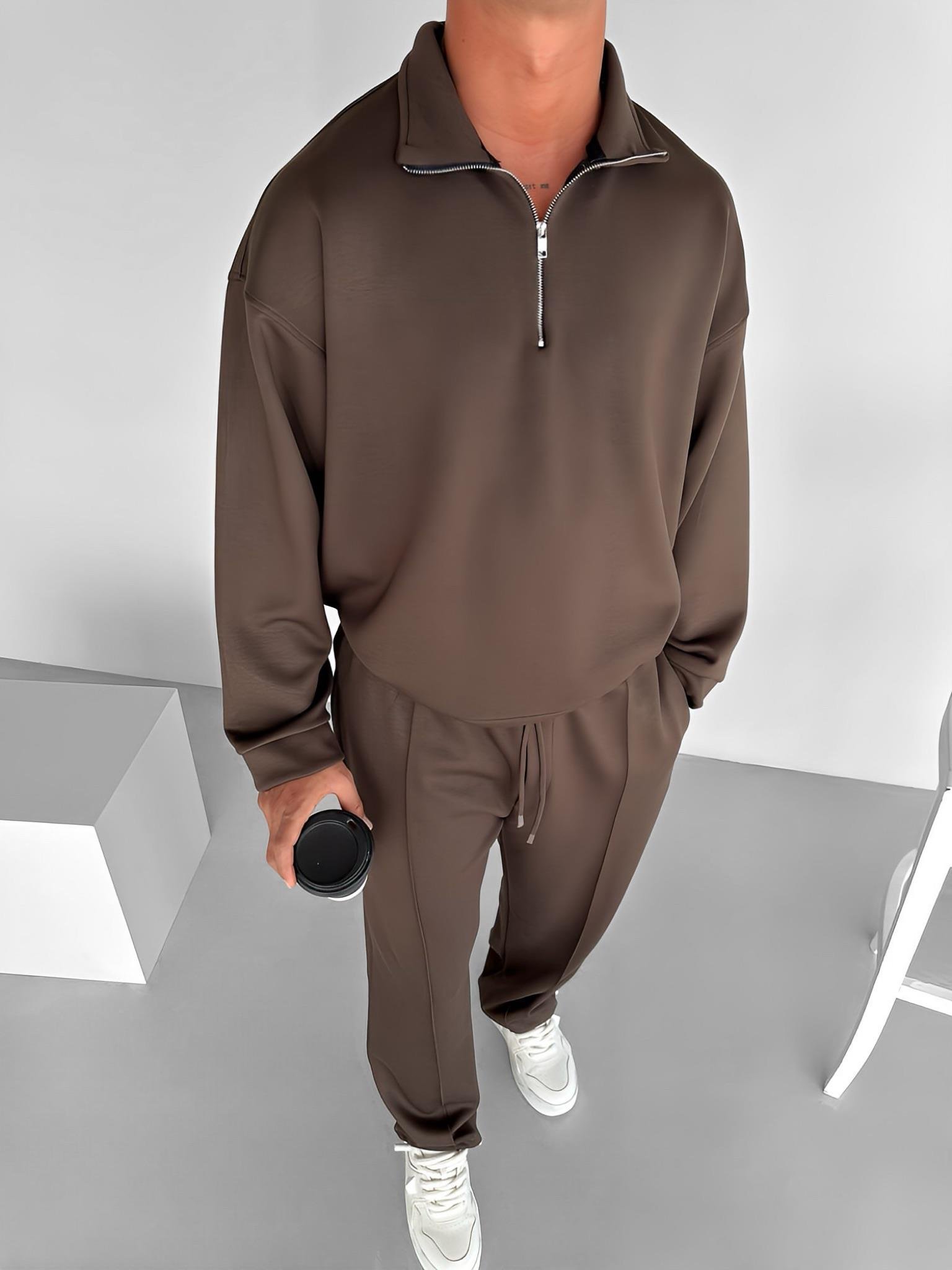 Erkek Oversize Yarım Fermuarlı Esnek Sweatshirt Kahve