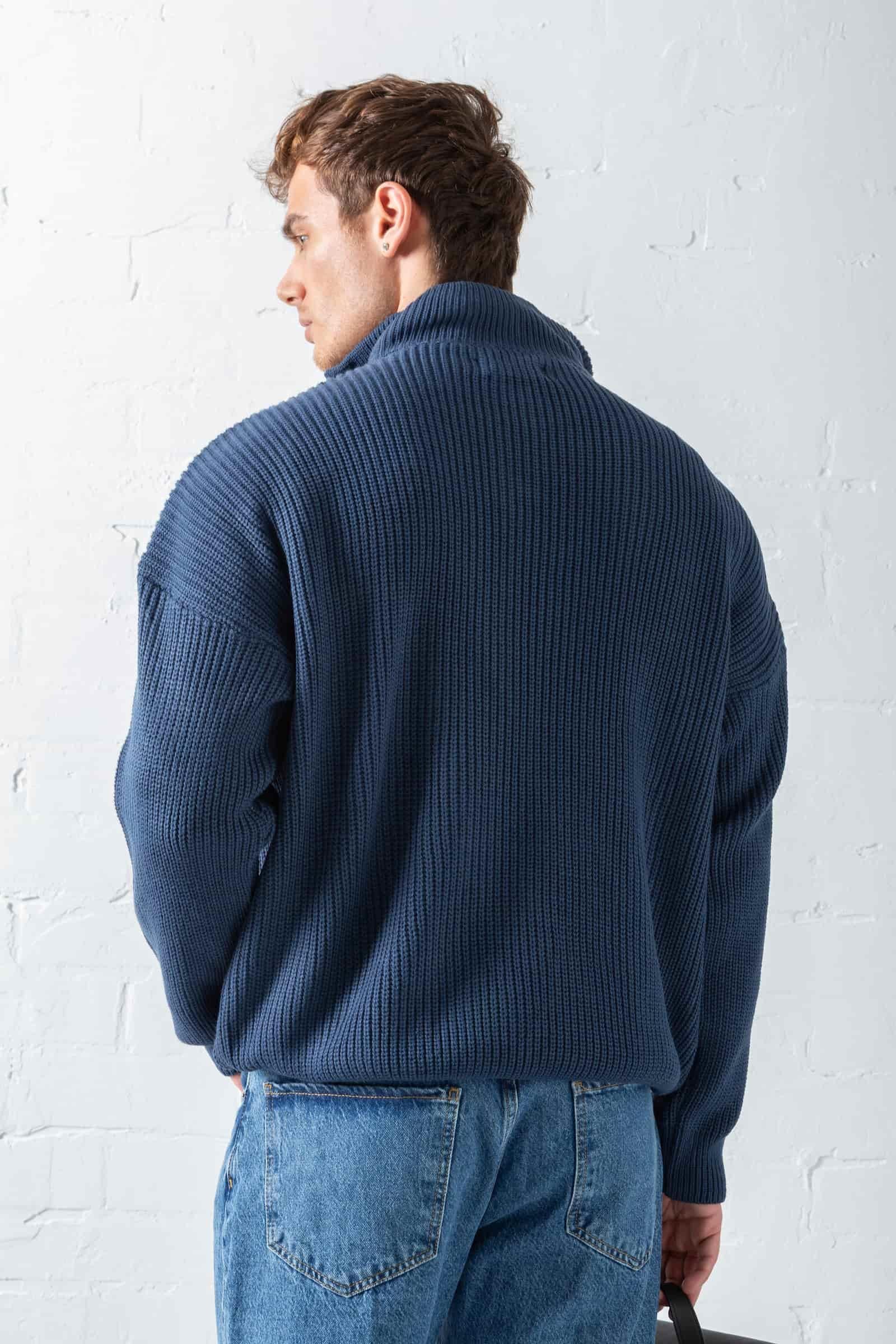 Erkek Oversize Yarım Fermuarlı Kazak Lacivert