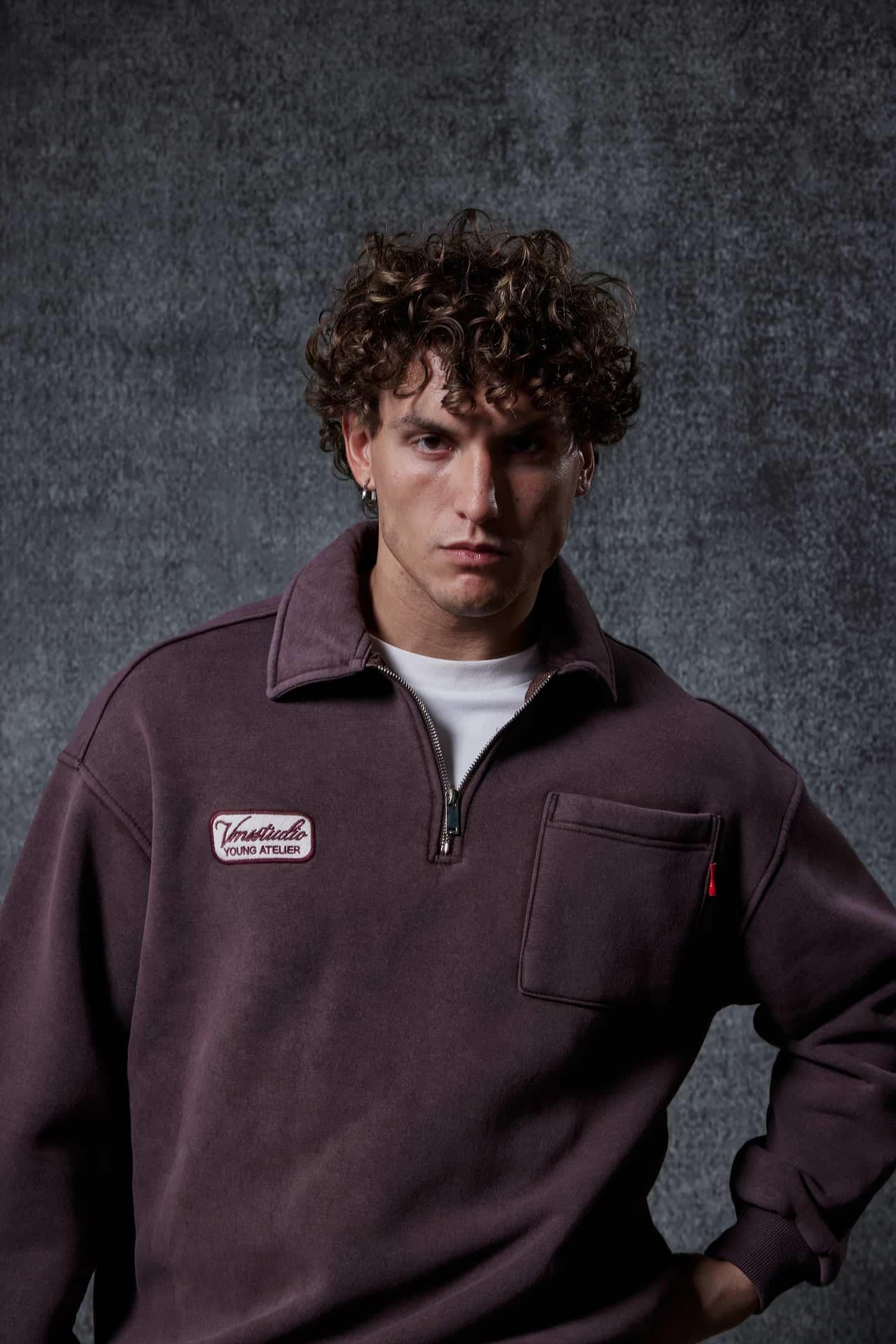 Erkek Oversize Yarım Fermuarlı Sweatshirt Kahverengi