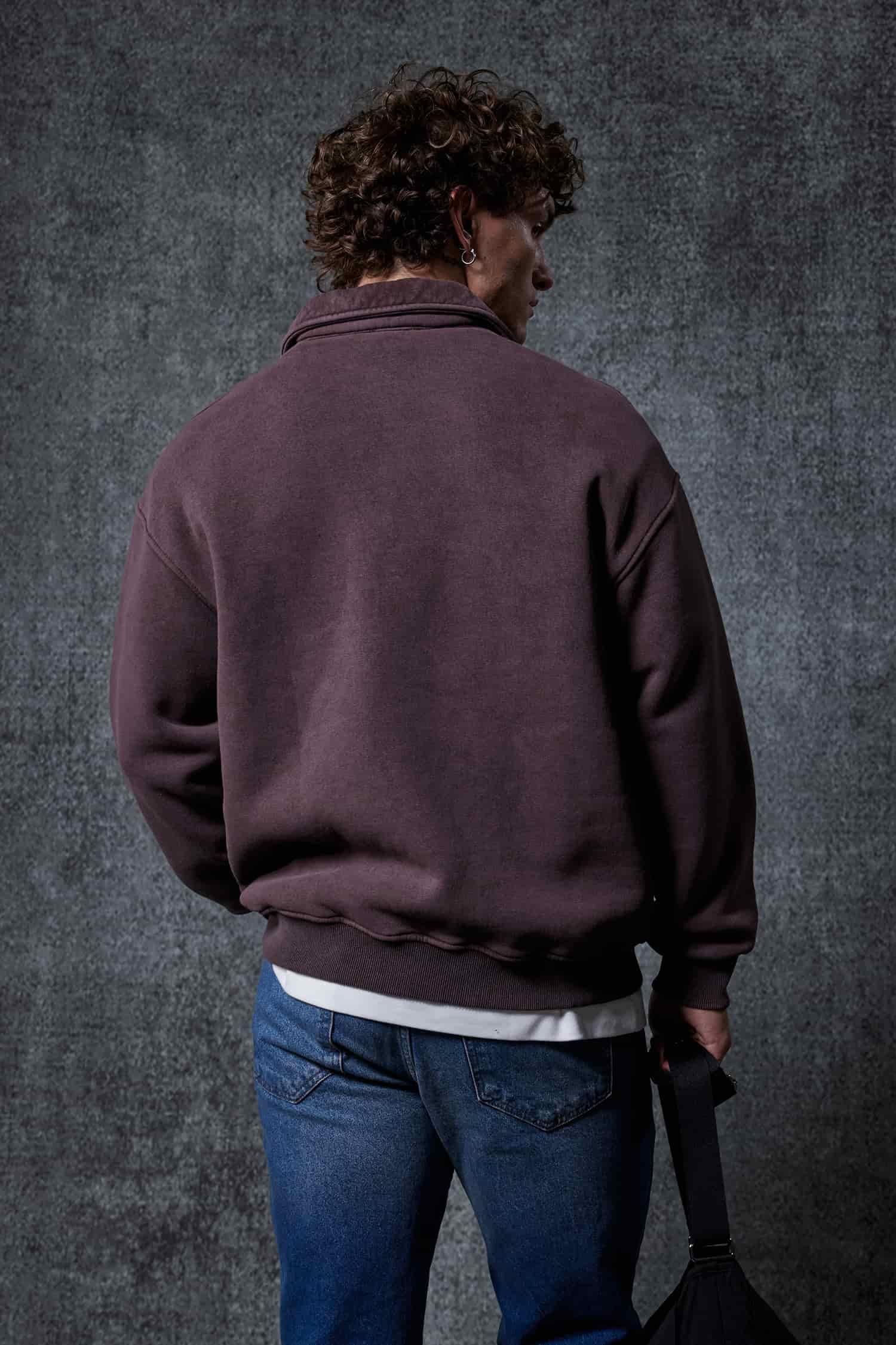 Erkek Oversize Yarım Fermuarlı Sweatshirt Kahverengi