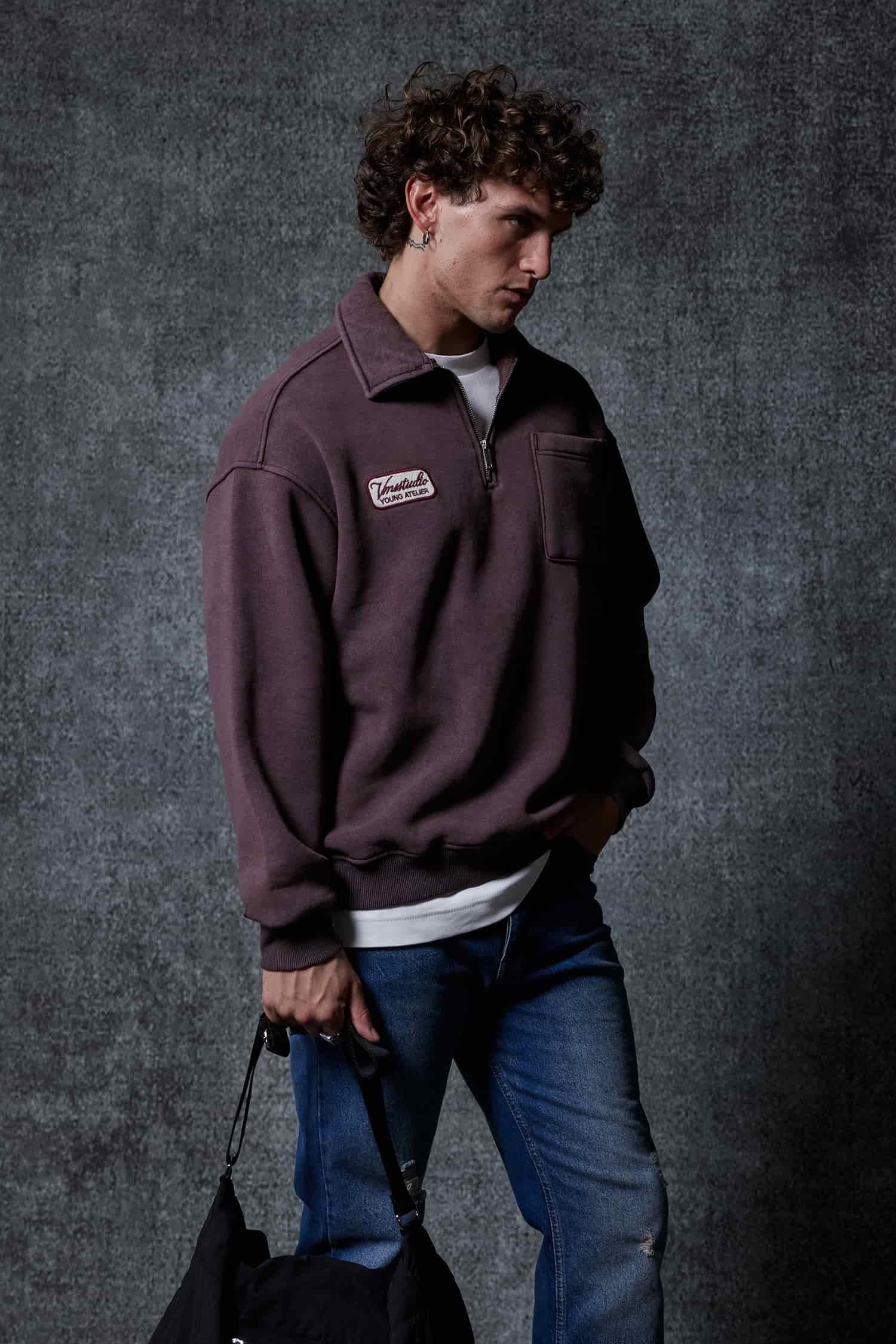 Erkek Oversize Yarım Fermuarlı Sweatshirt Kahverengi