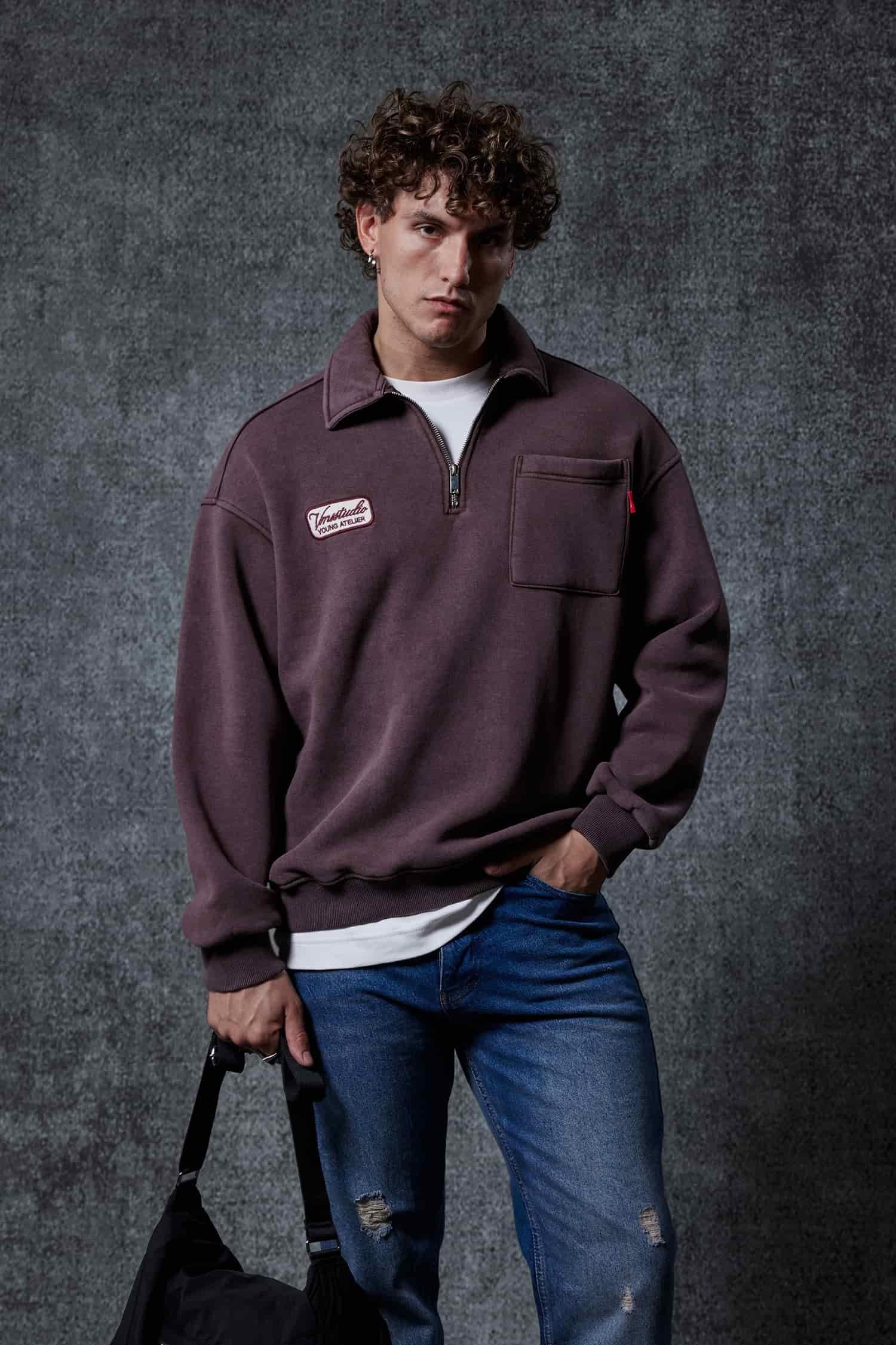 Erkek Oversize Yarım Fermuarlı Sweatshirt Kahverengi