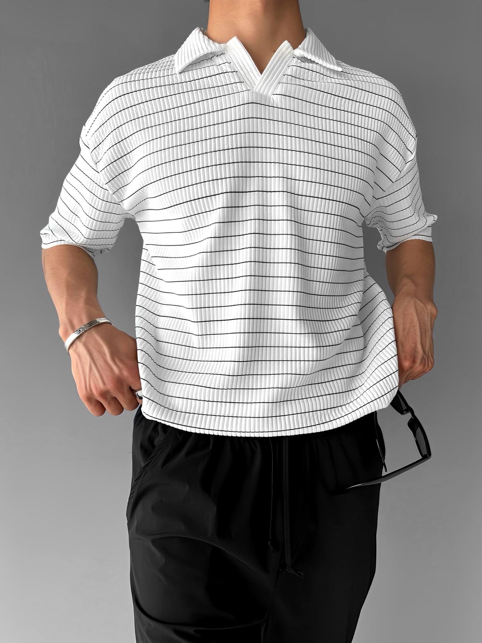 Erkek Oversize Yarım Pat Polo Yaka Çizgili T-Shirt Beyaz