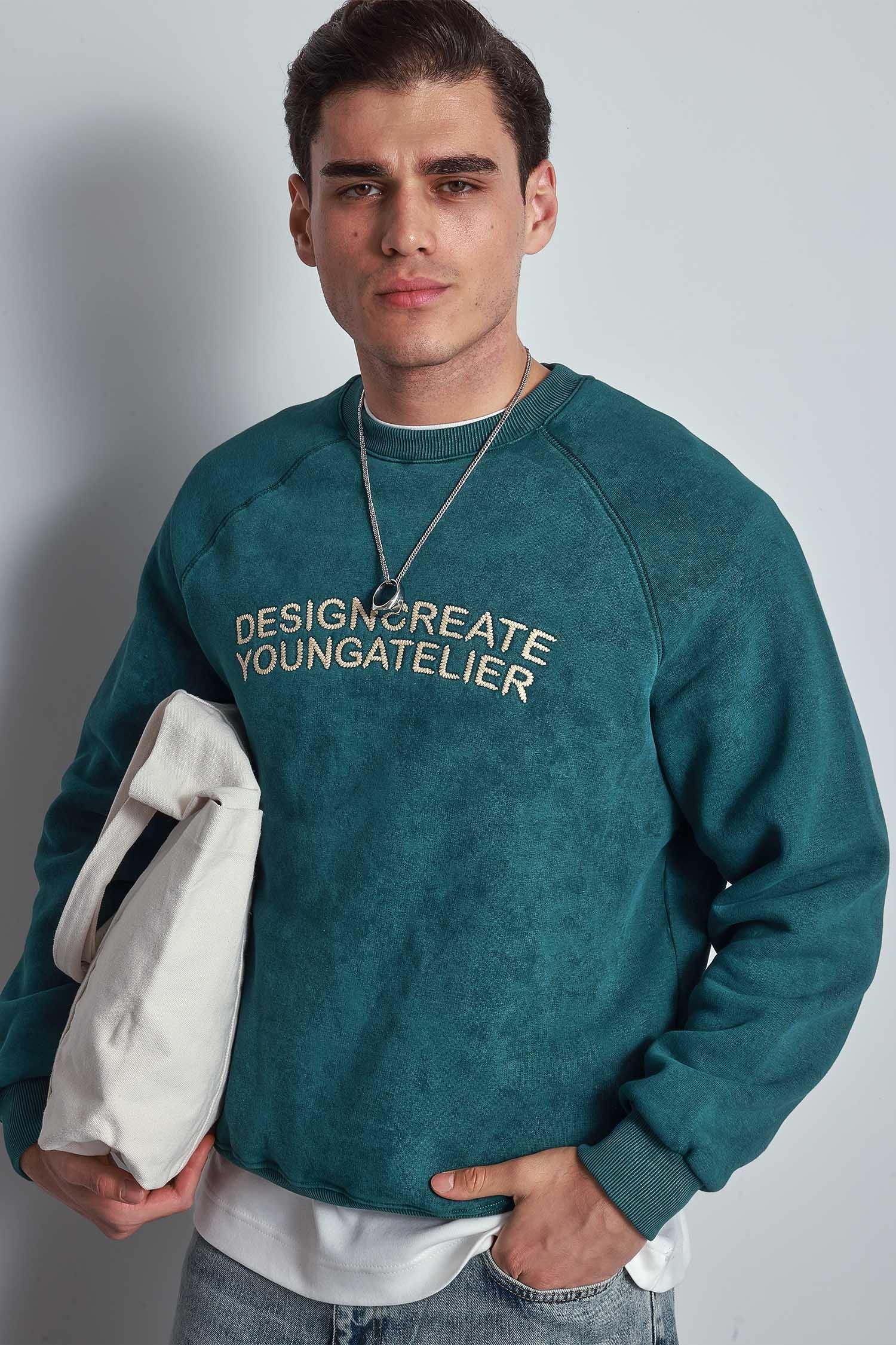 Erkek Oversize Yazı Baskılı Sweatshirt Yeşil