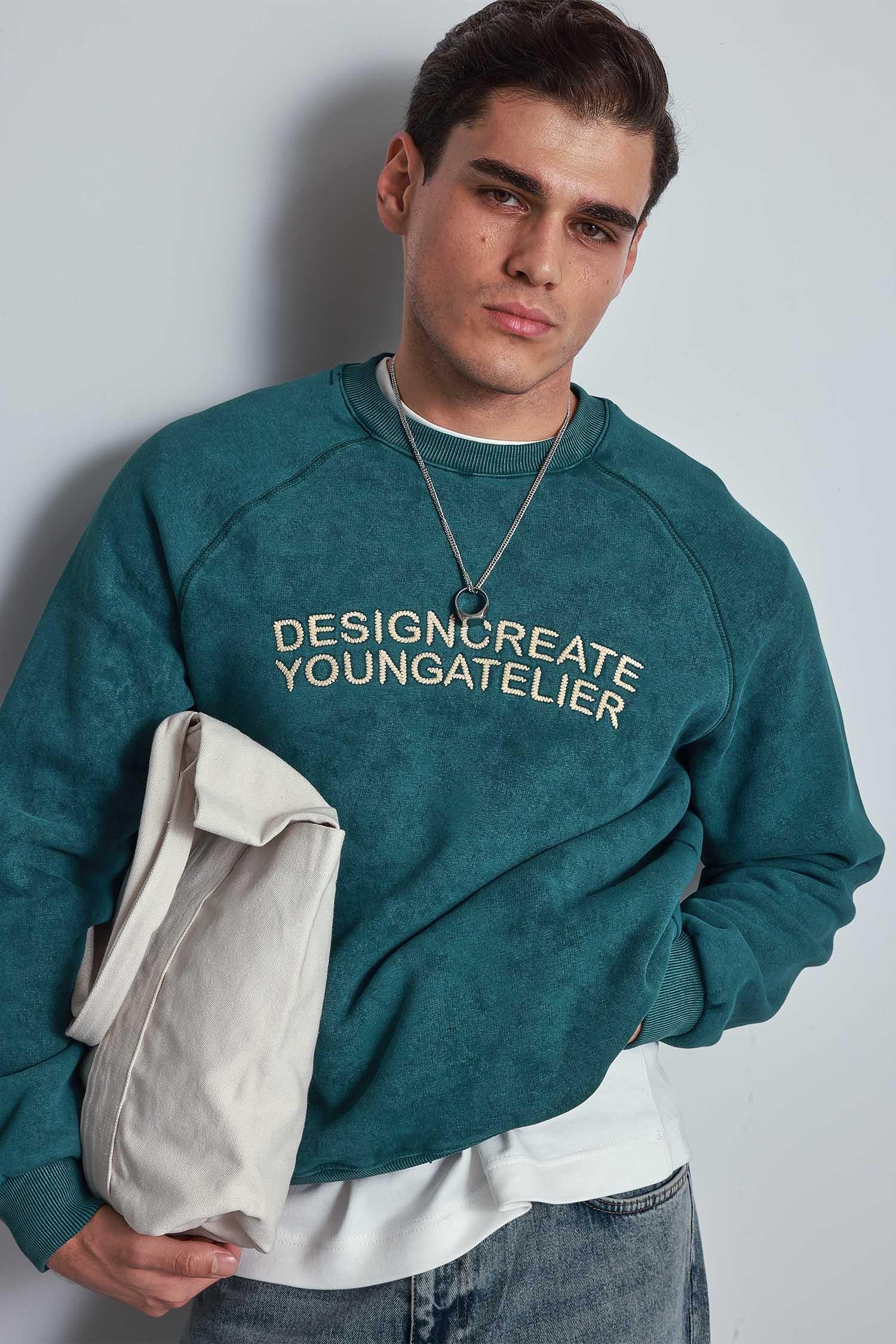 Erkek Oversize Yazı Baskılı Sweatshirt Yeşil