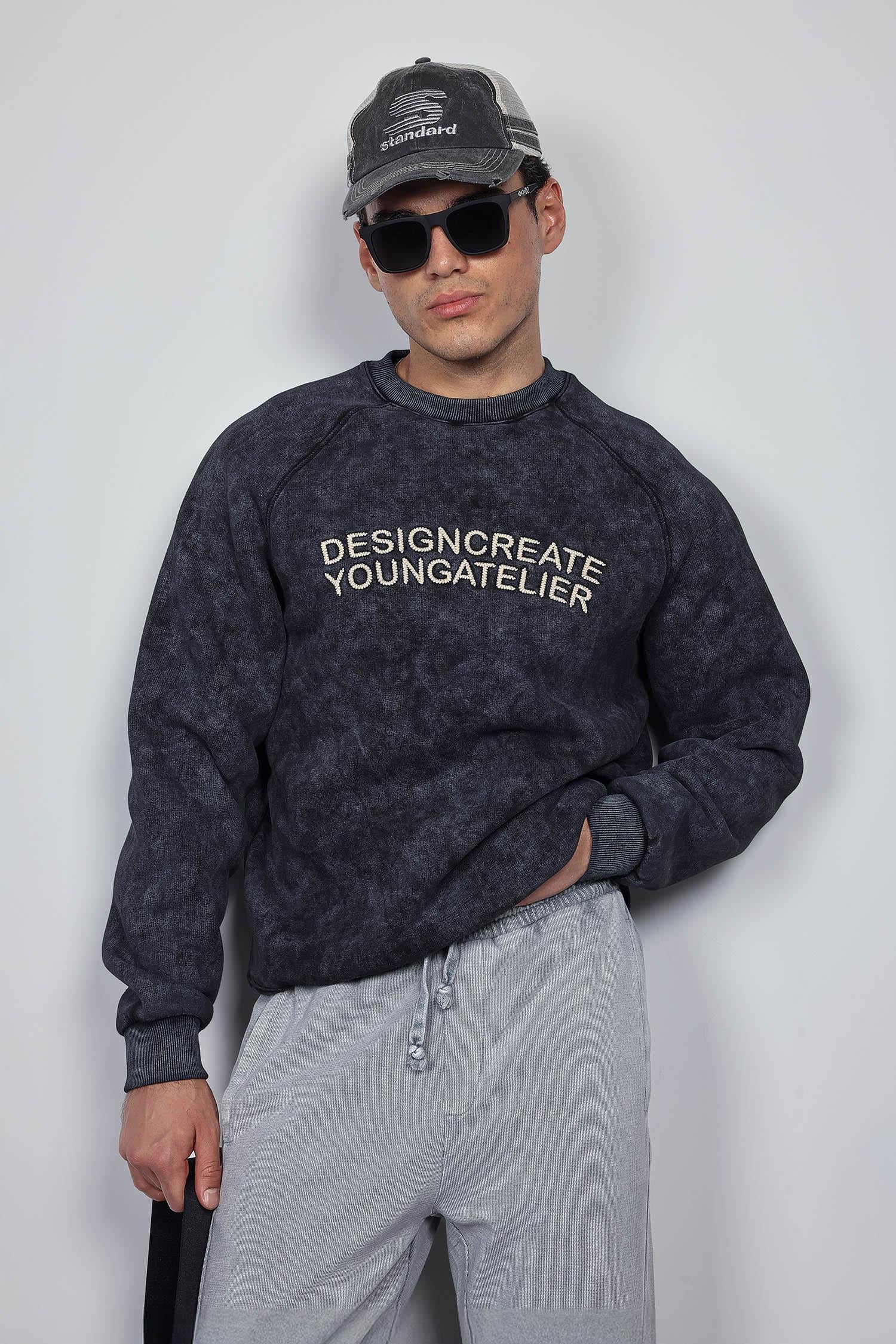 Erkek Oversize Yazı Baskılı Sweatshirt Siyah