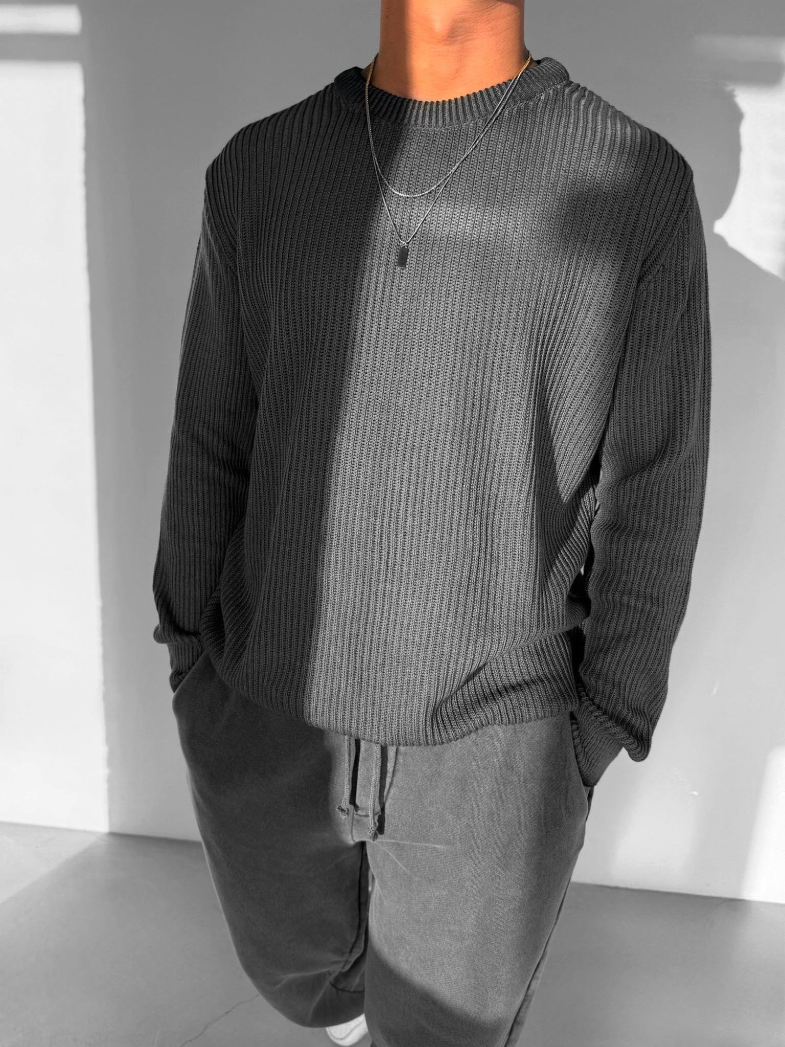 Erkek Oversize Yıkamalı Basic Kazak Siyah