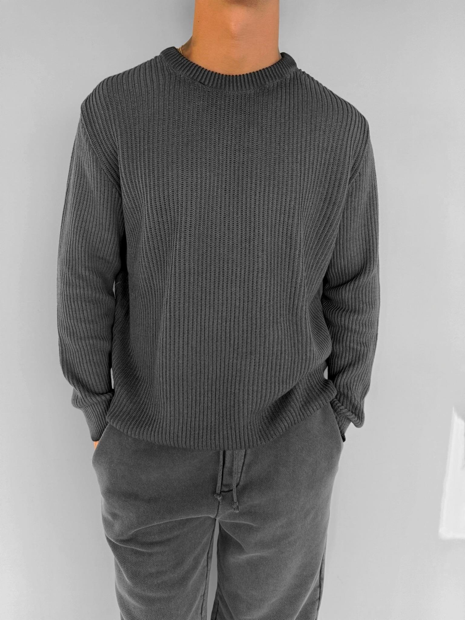 Erkek Oversize Yıkamalı Basic Kazak Siyah