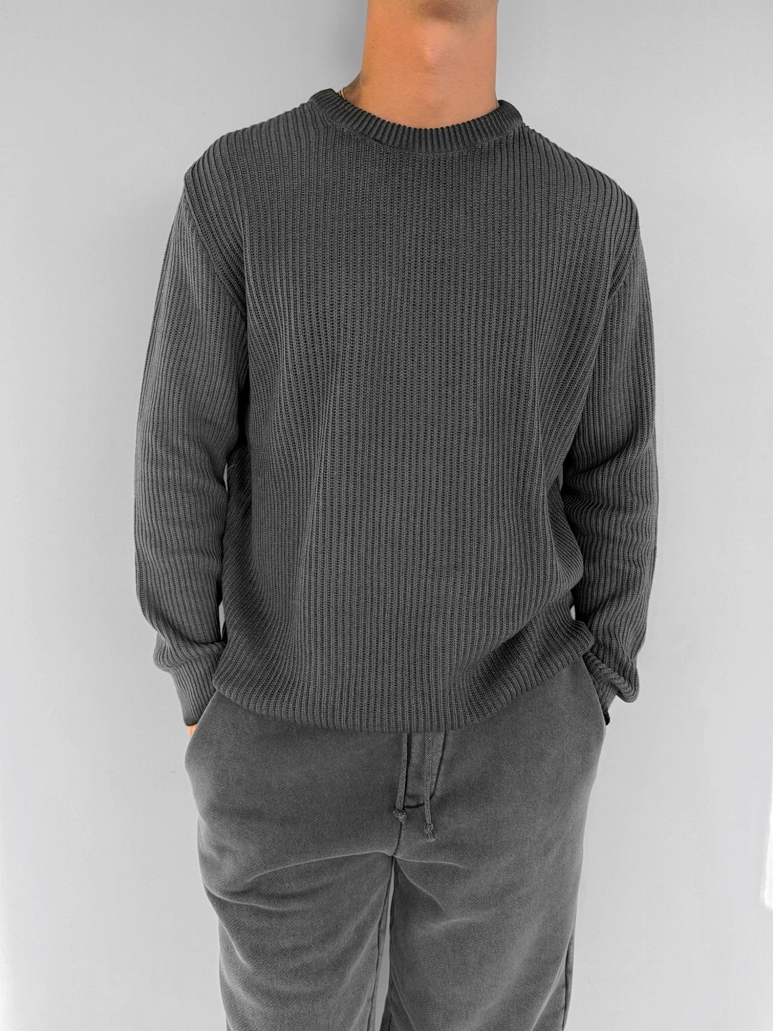 Erkek Oversize Yıkamalı Basic Kazak Siyah
