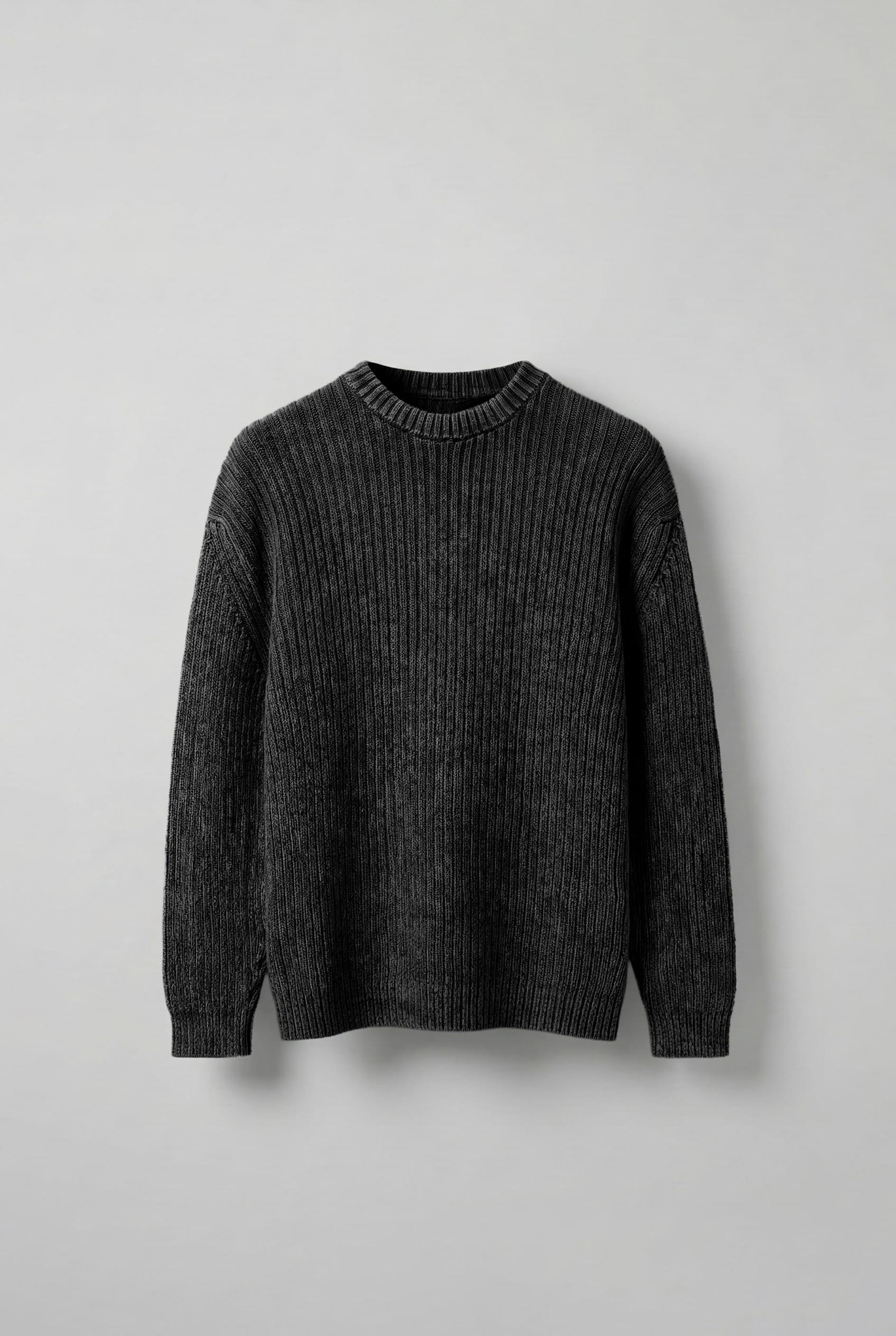 Erkek Oversize Yıkamalı Efektli Basic Kazak Siyah