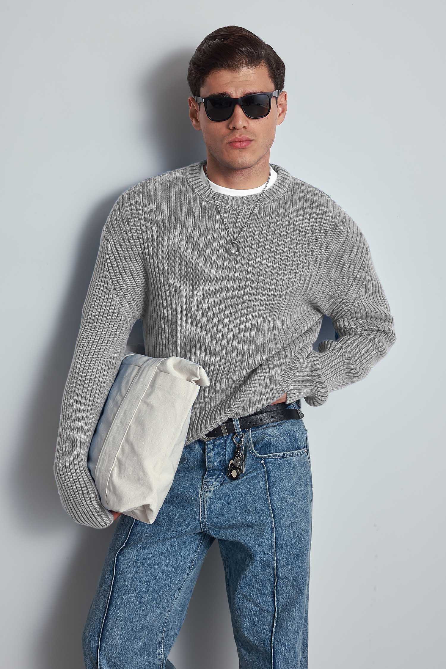 Erkek Oversize Yıkamalı Efektli Basic Kazak Gri