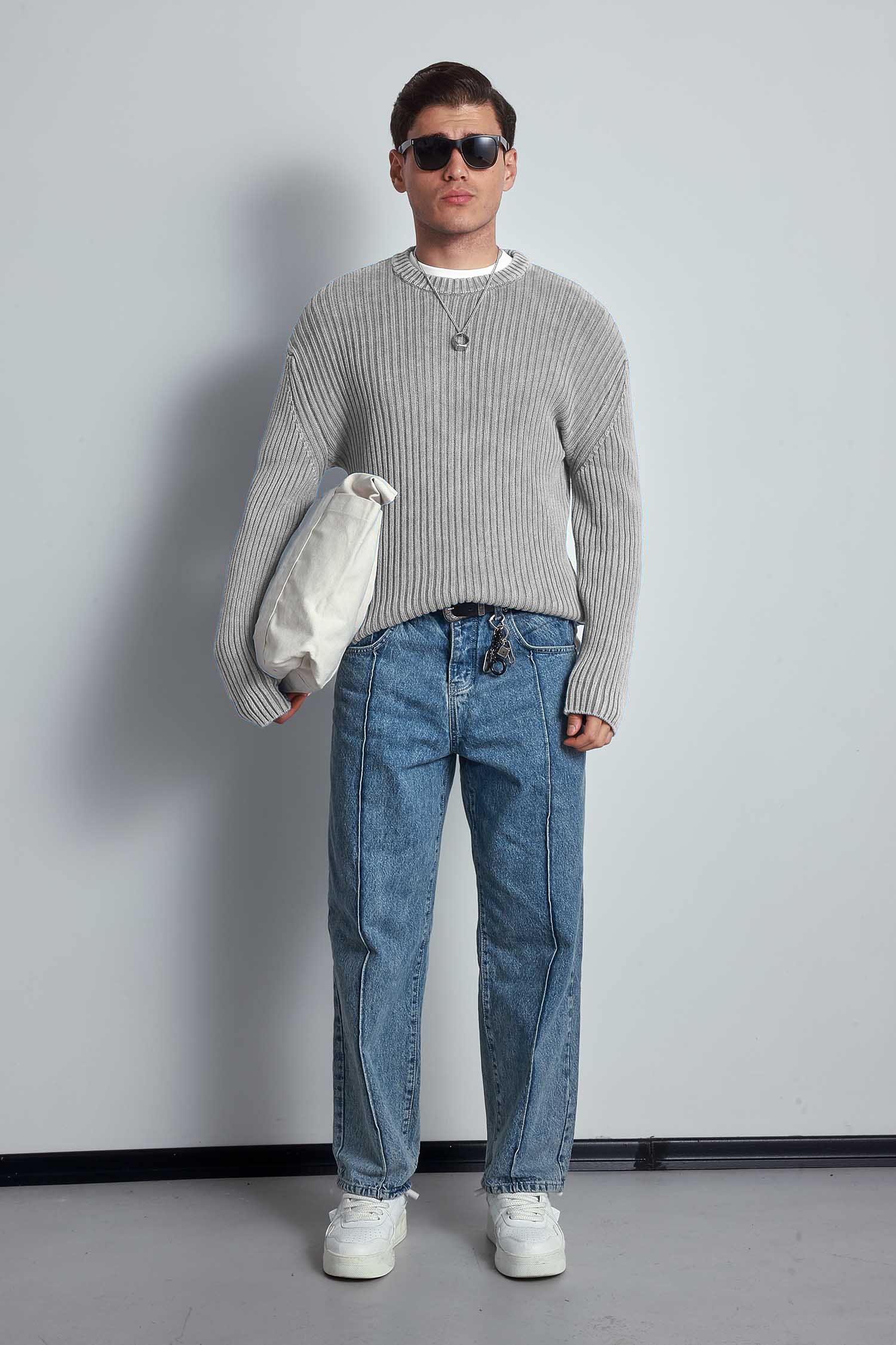Erkek Oversize Yıkamalı Efektli Basic Kazak Gri
