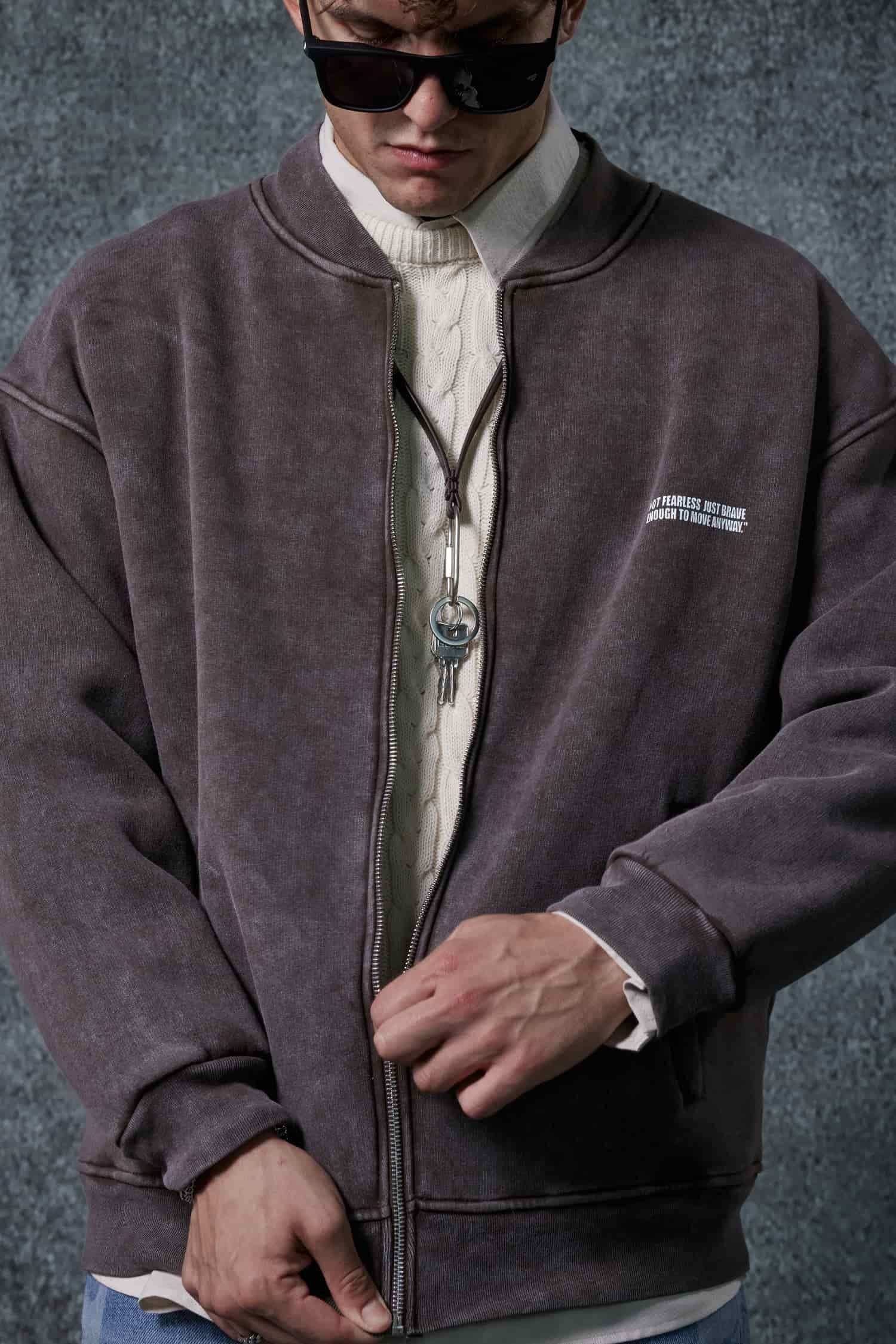 Erkek Oversize Yıkamalı Fermuarlı Sweatshirt Kahverengi