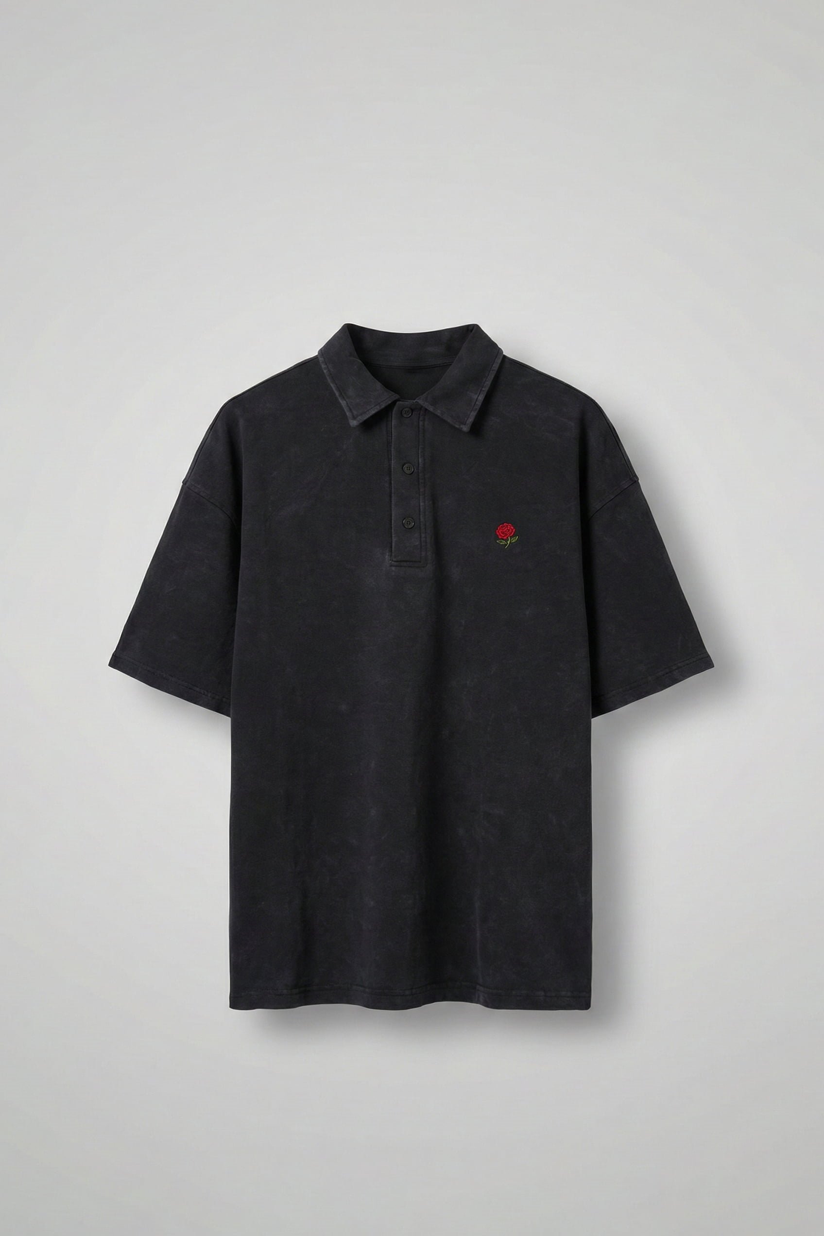 Erkek Oversize Yıkamalı Gül Nakışlı Polo Yaka T-Shirt Siyah