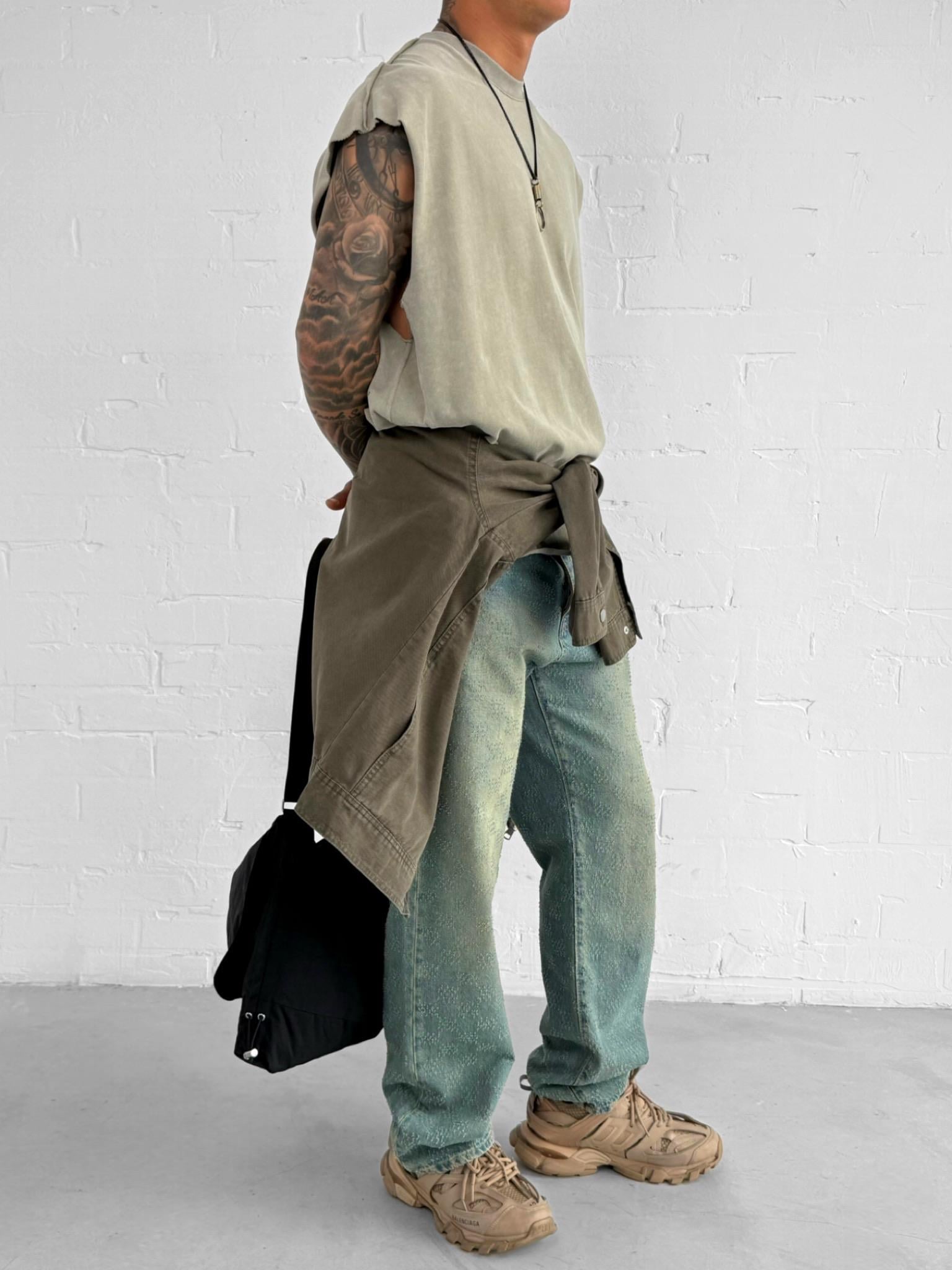 Erkek Oversize Yıkamalı Kolsuz T-Shirt Yeşil