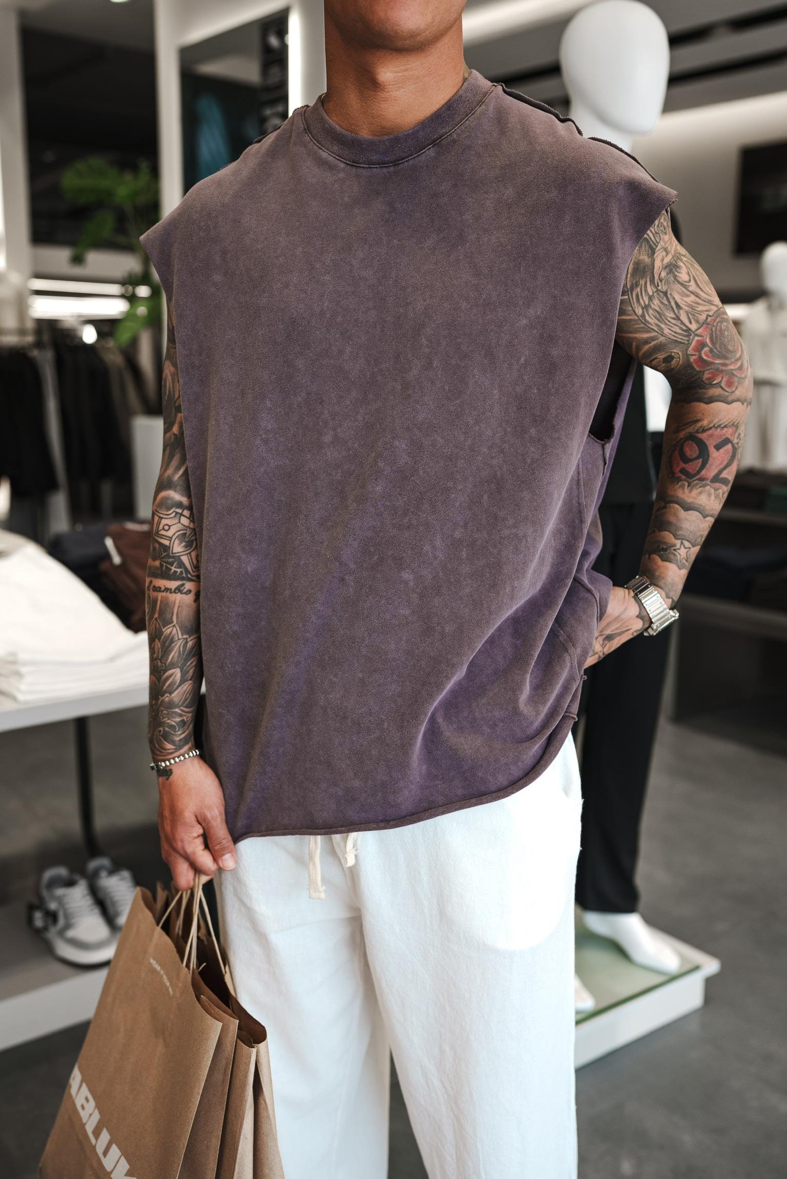 Erkek Oversize Yıkamalı Kolsuz T-Shirt Kahverengi