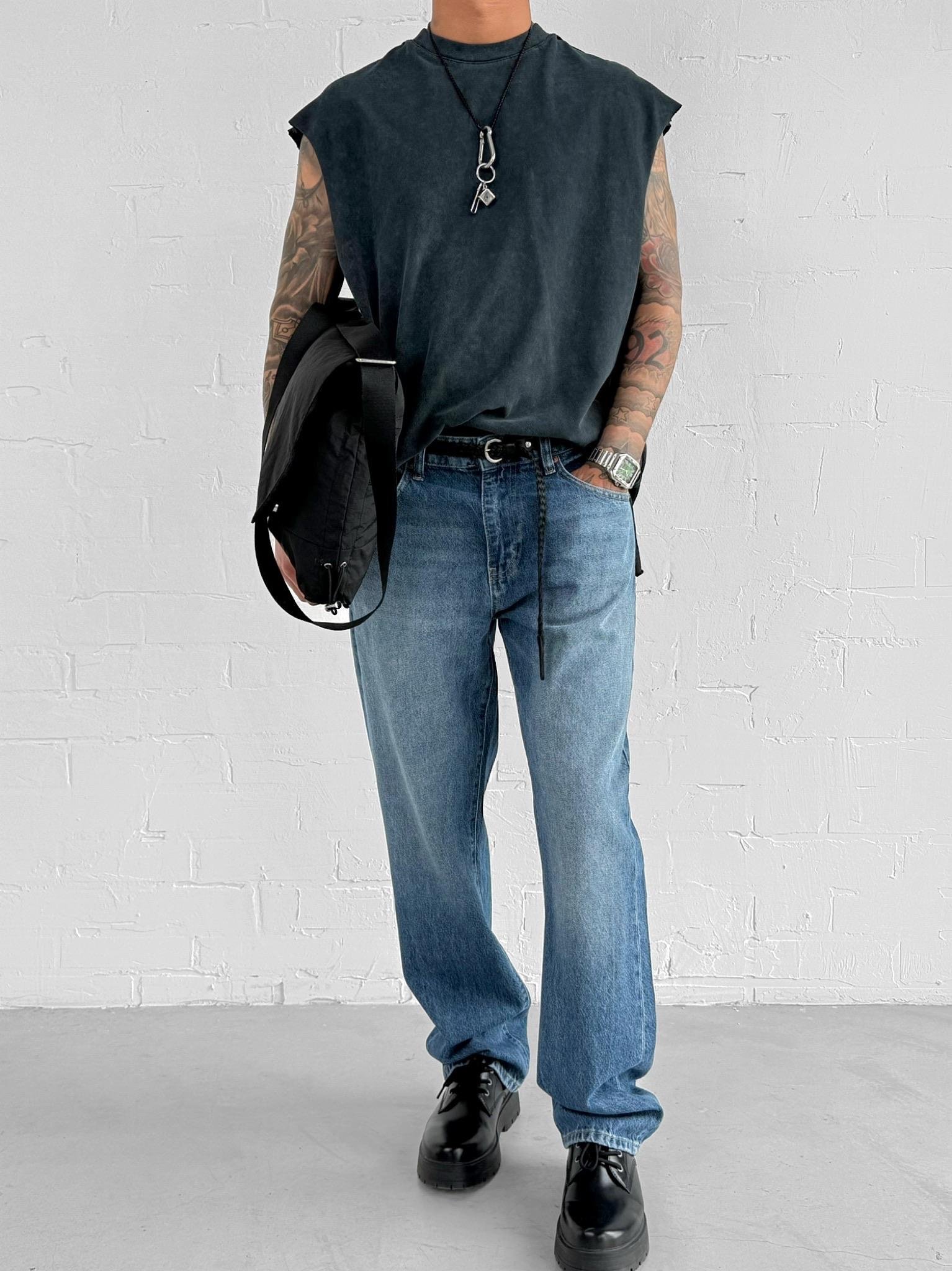 Erkek Oversize Yıkamalı Kolsuz T-Shirt Siyah