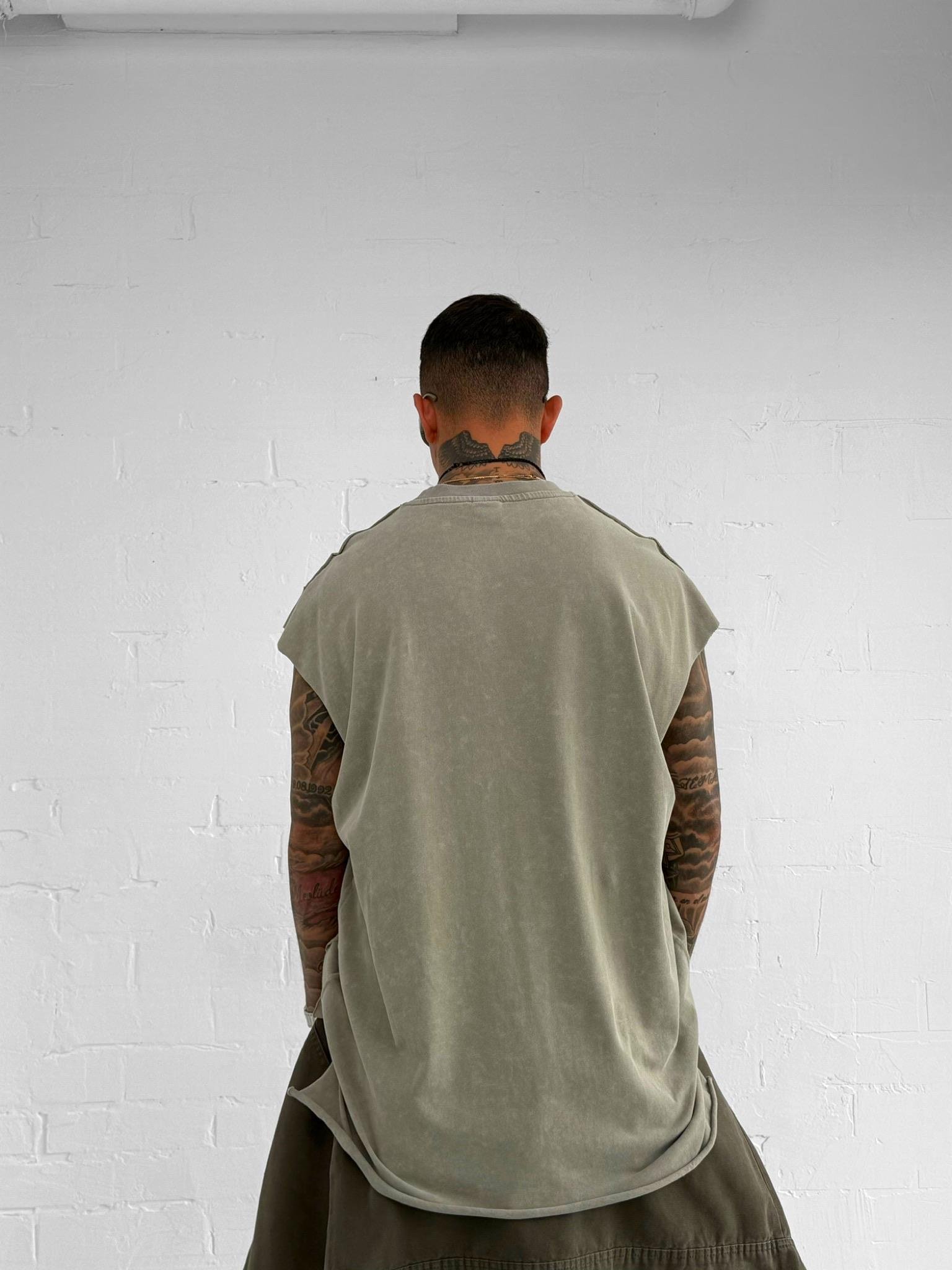 Erkek Oversize Yıkamalı Kolsuz T-Shirt Yeşil