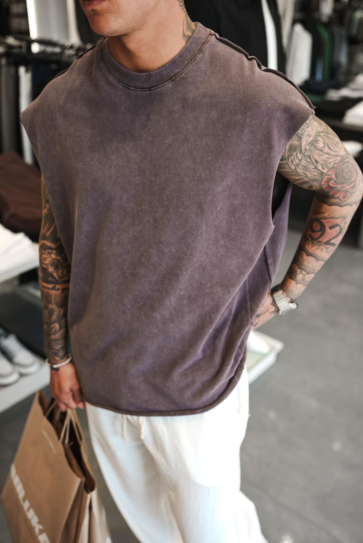 Erkek Oversize Yıkamalı Kolsuz T-Shirt Kahverengi