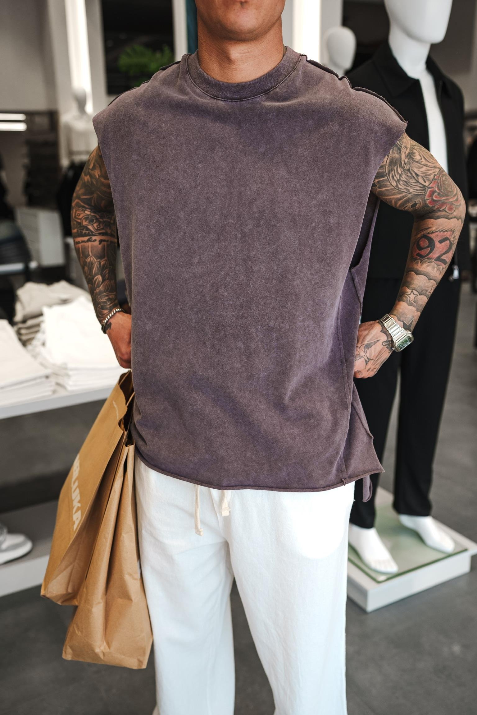 Erkek Oversize Yıkamalı Kolsuz T-Shirt Kahverengi