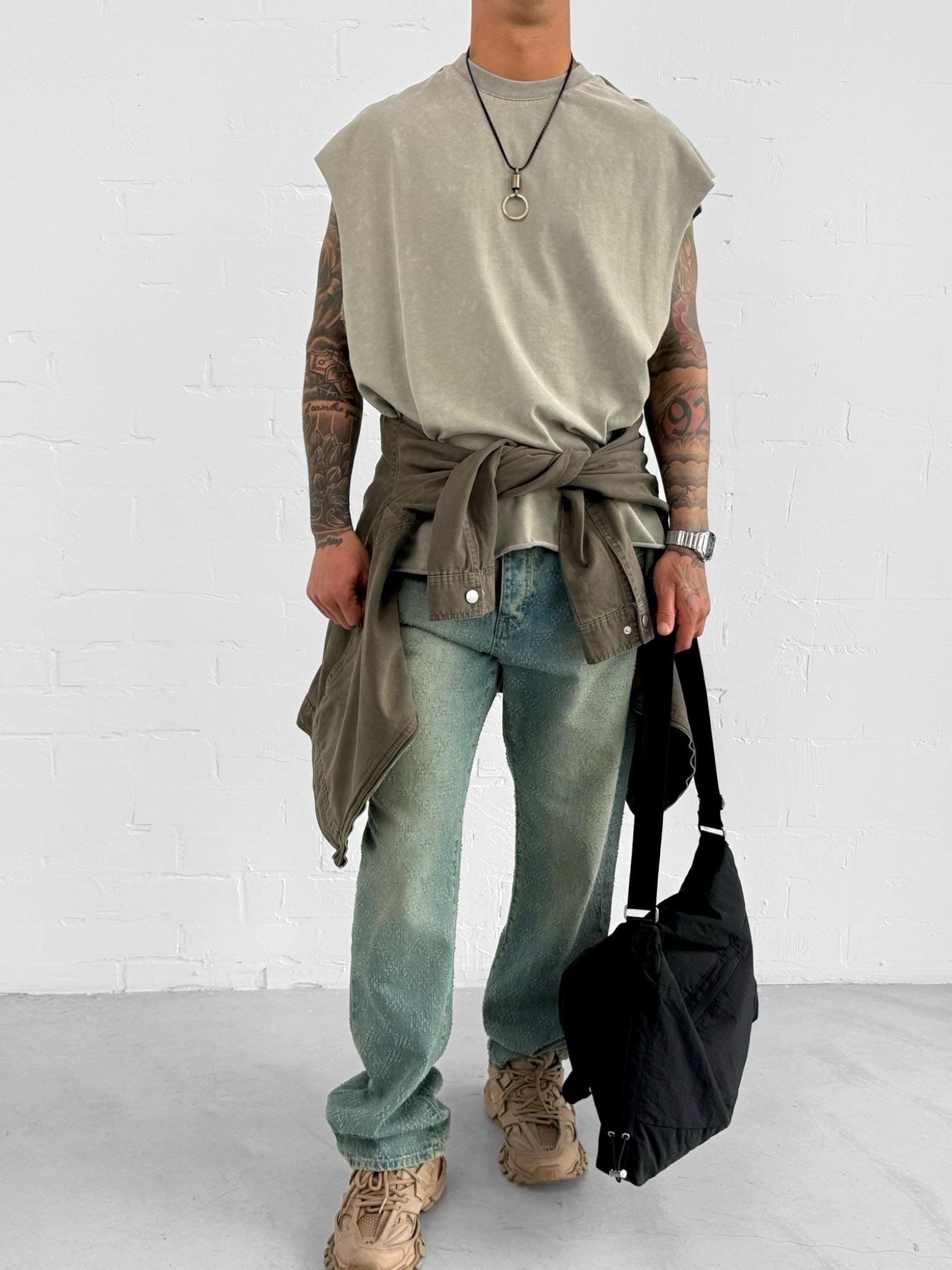 Erkek Oversize Yıkamalı Kolsuz T-Shirt Yeşil