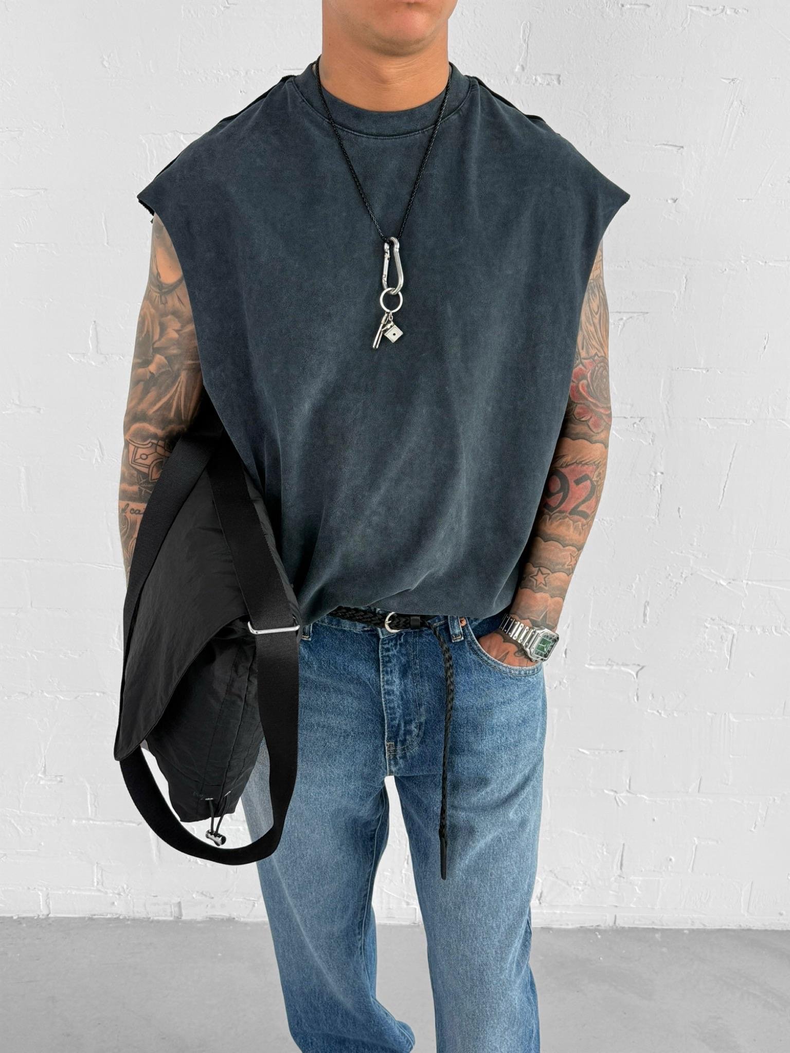 Erkek Oversize Yıkamalı Kolsuz T-Shirt Siyah
