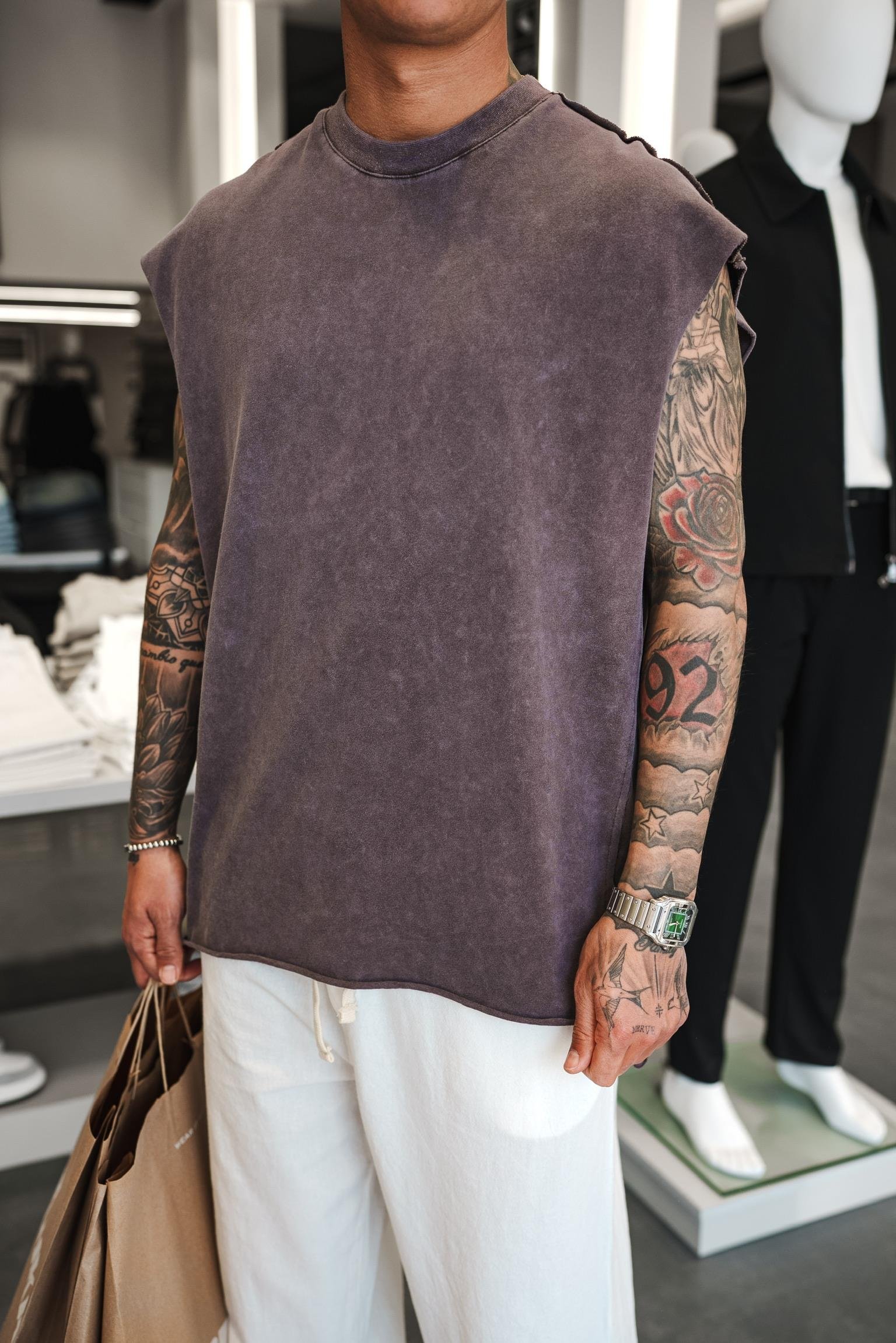 Erkek Oversize Yıkamalı Kolsuz T-Shirt Kahverengi