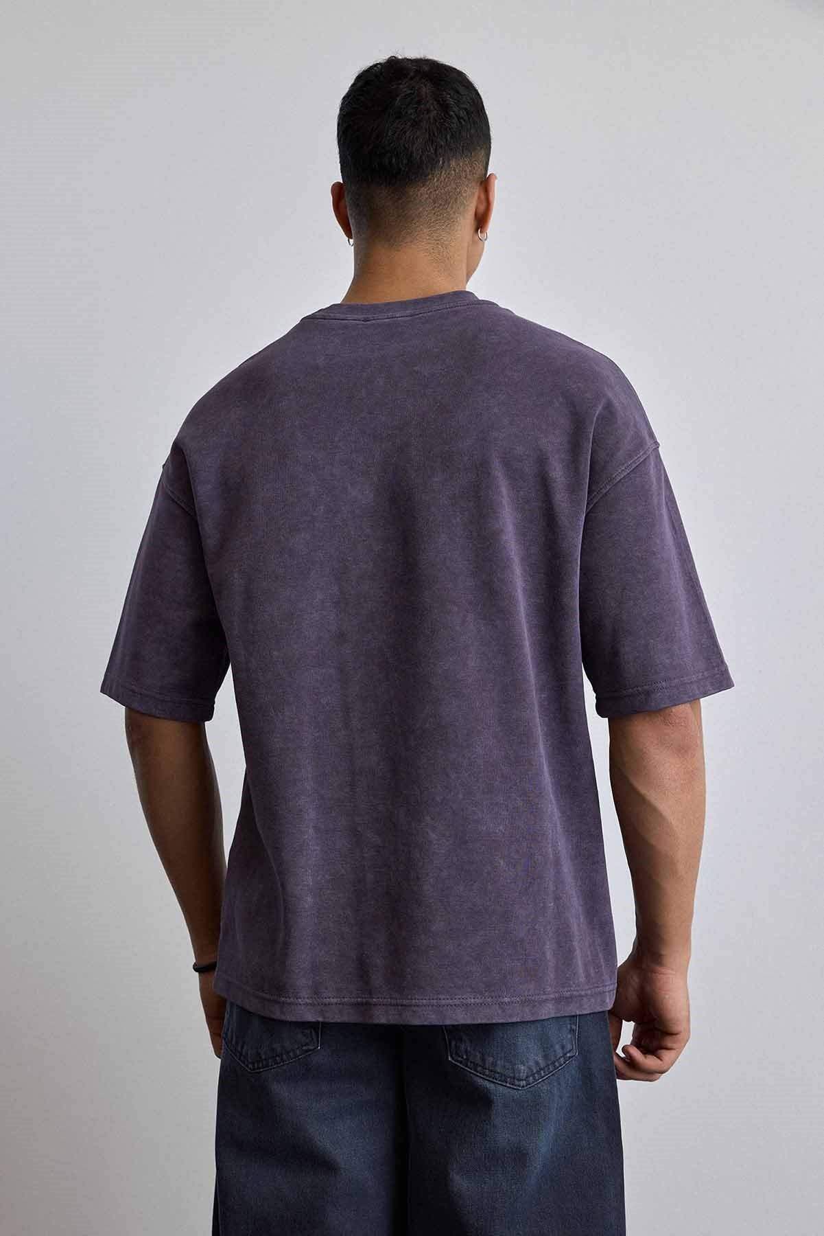 Erkek Oversize Yıkamalı Pamuklu Basic T-Shirt Mürdüm