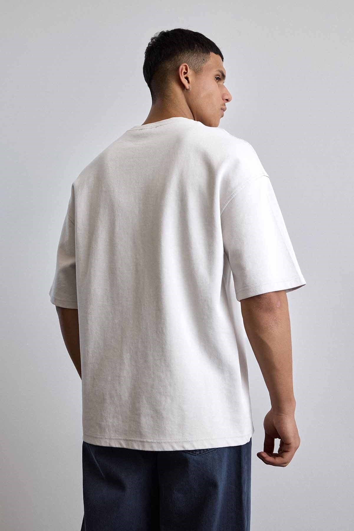 Erkek Oversize Yıkamalı Pamuklu Basic T-Shirt Gri