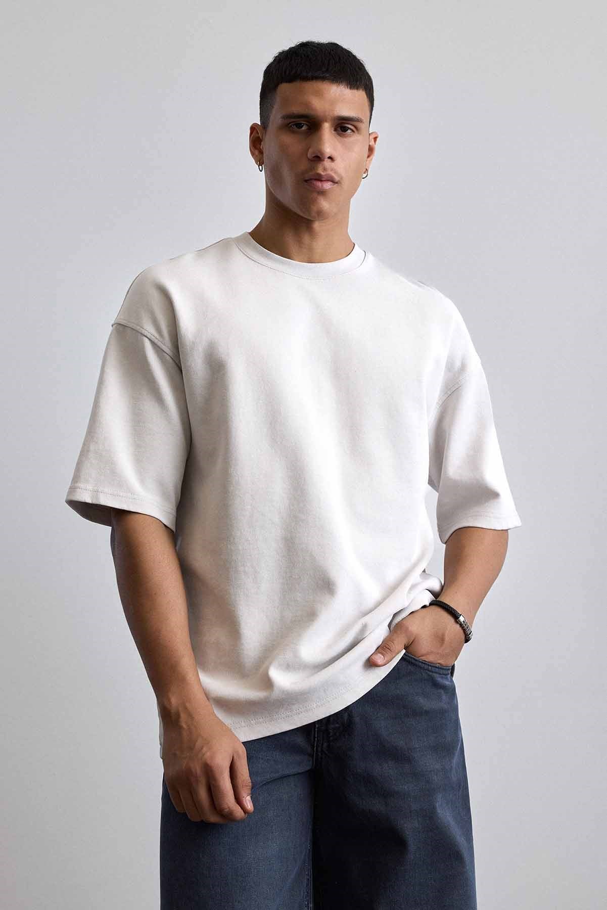 Erkek Oversize Yıkamalı Pamuklu Basic T-Shirt Gri
