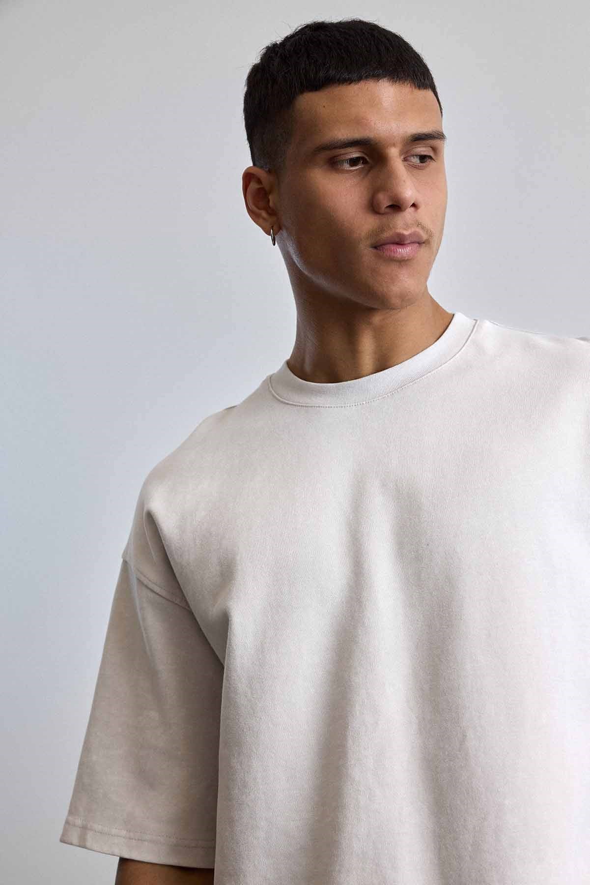 Erkek Oversize Yıkamalı Pamuklu Basic T-Shirt Gri