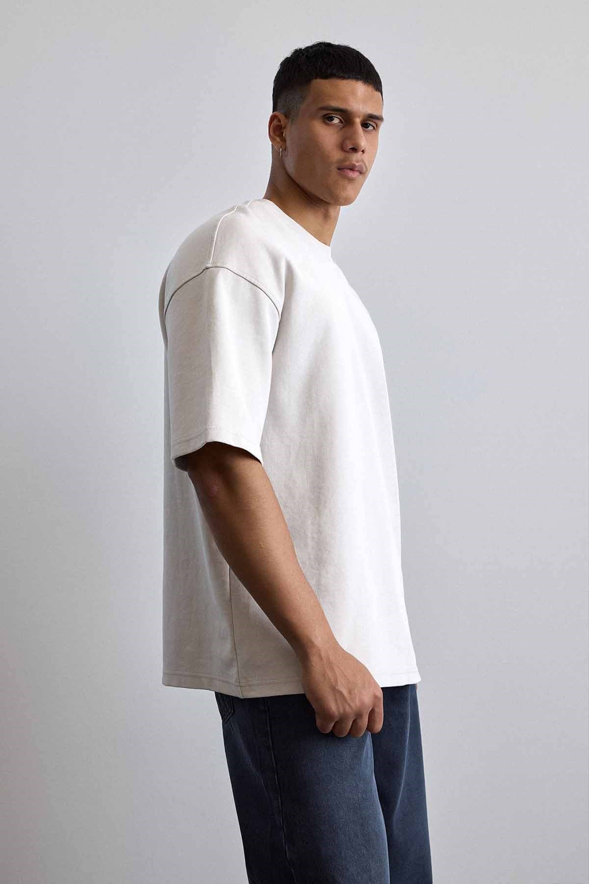 Erkek Oversize Yıkamalı Pamuklu Basic T-Shirt Gri