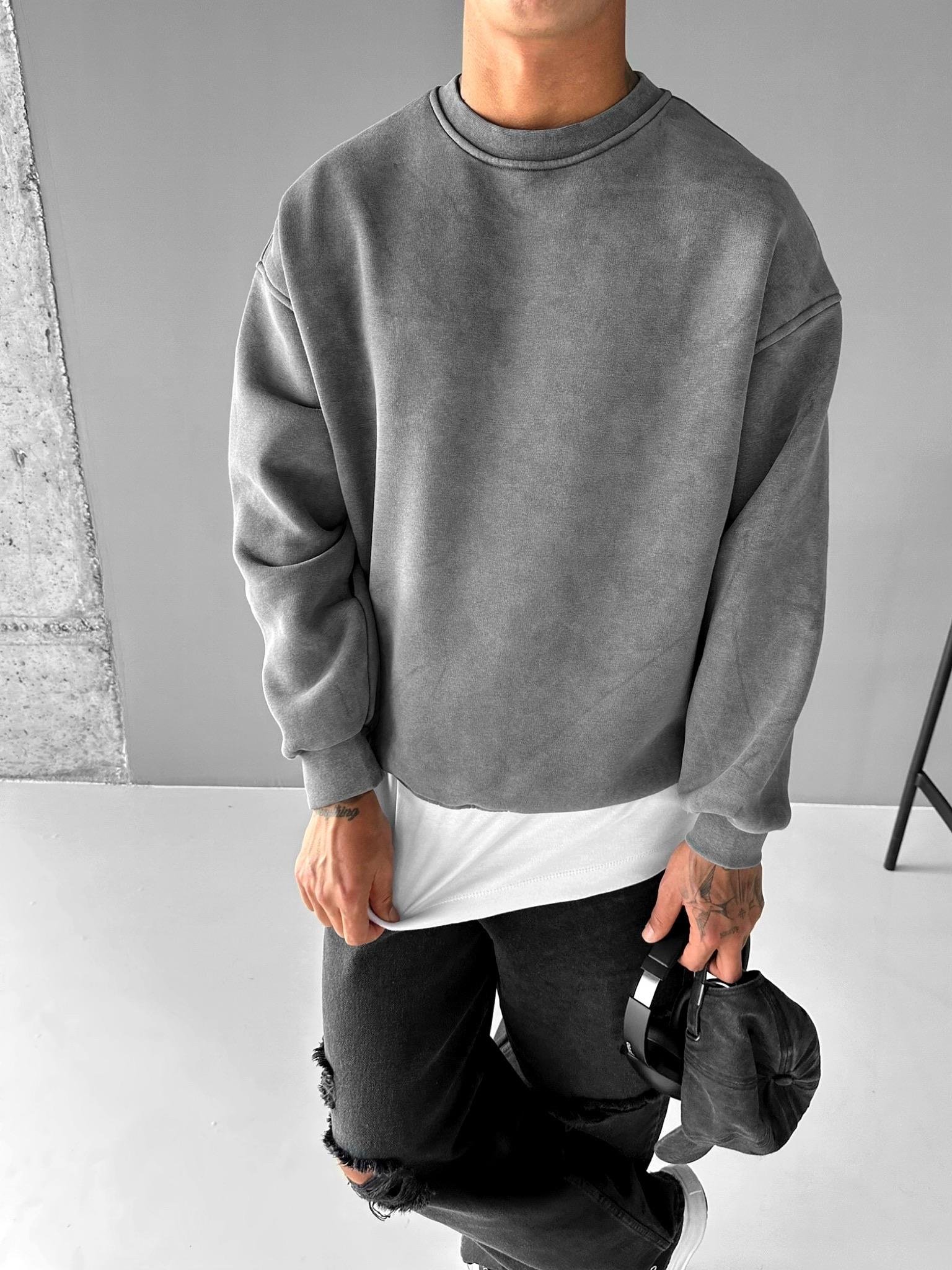 Erkek Oversize Yıkamalı Sweatshirt Füme