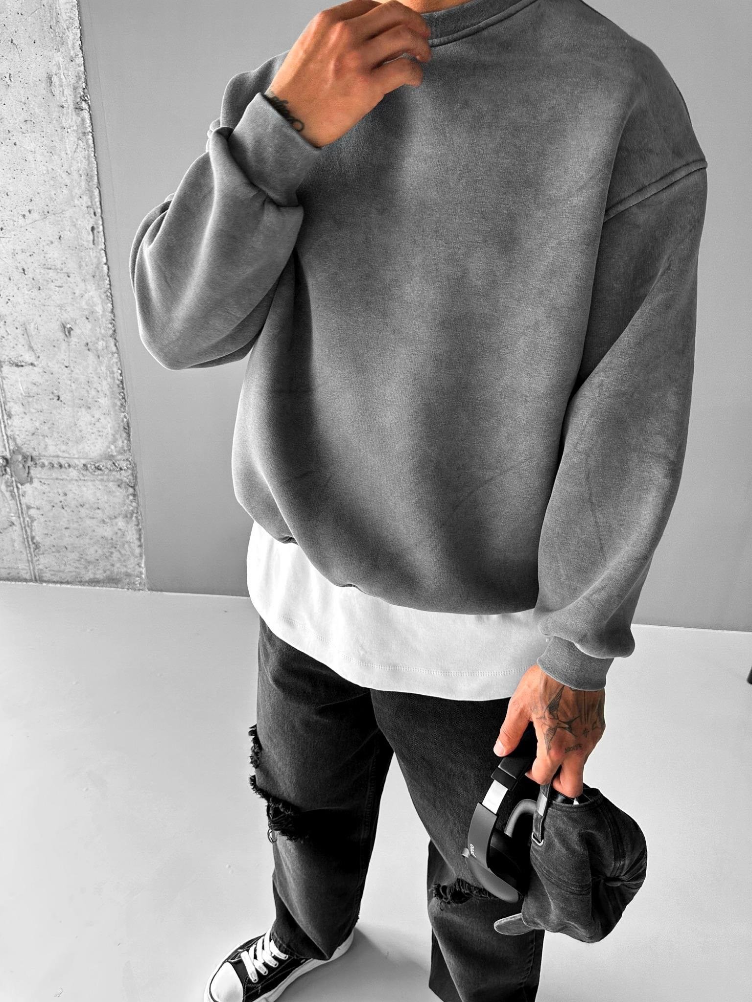 Erkek Oversize Yıkamalı Sweatshirt Füme