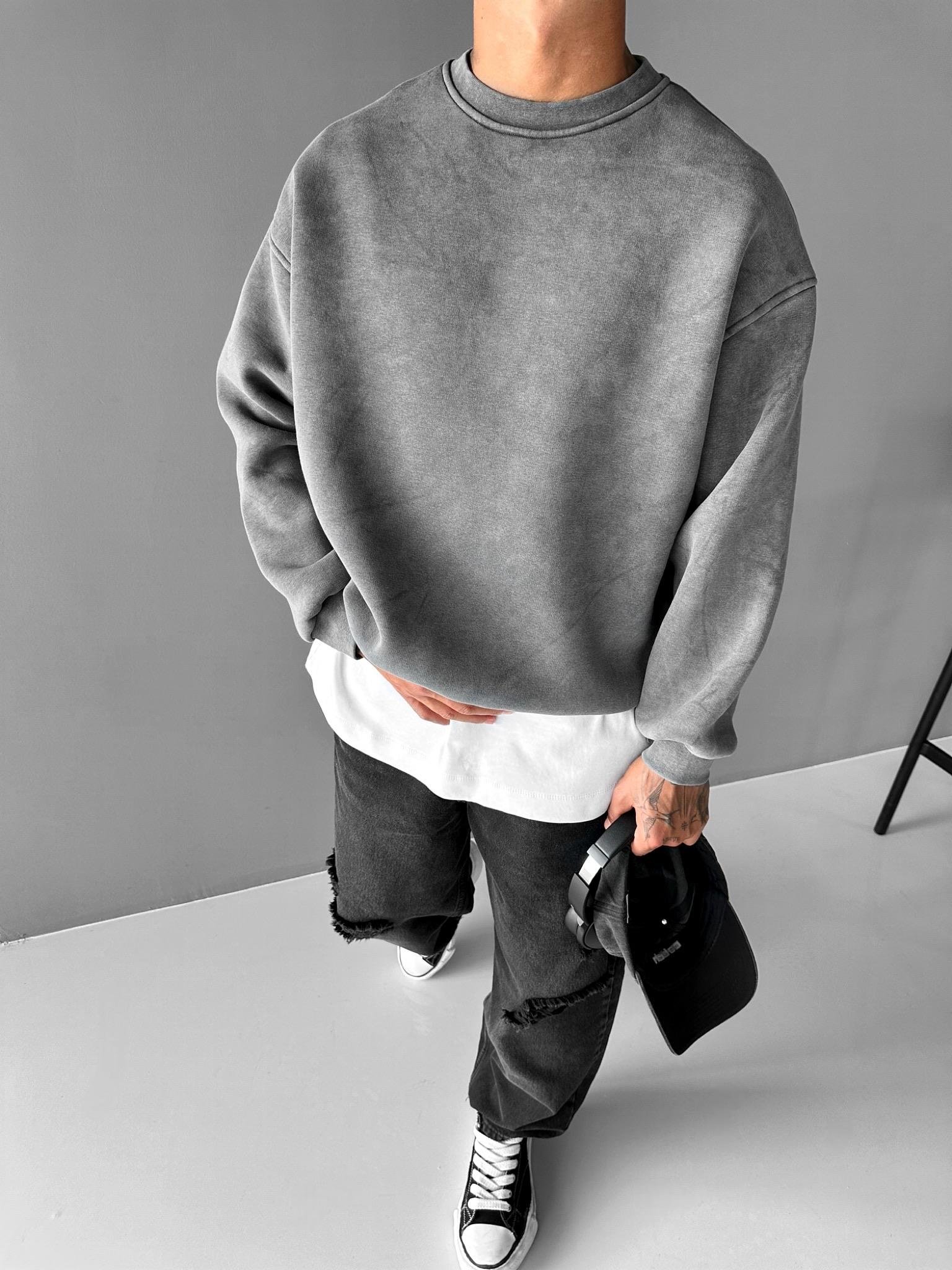 Erkek Oversize Yıkamalı Sweatshirt Füme