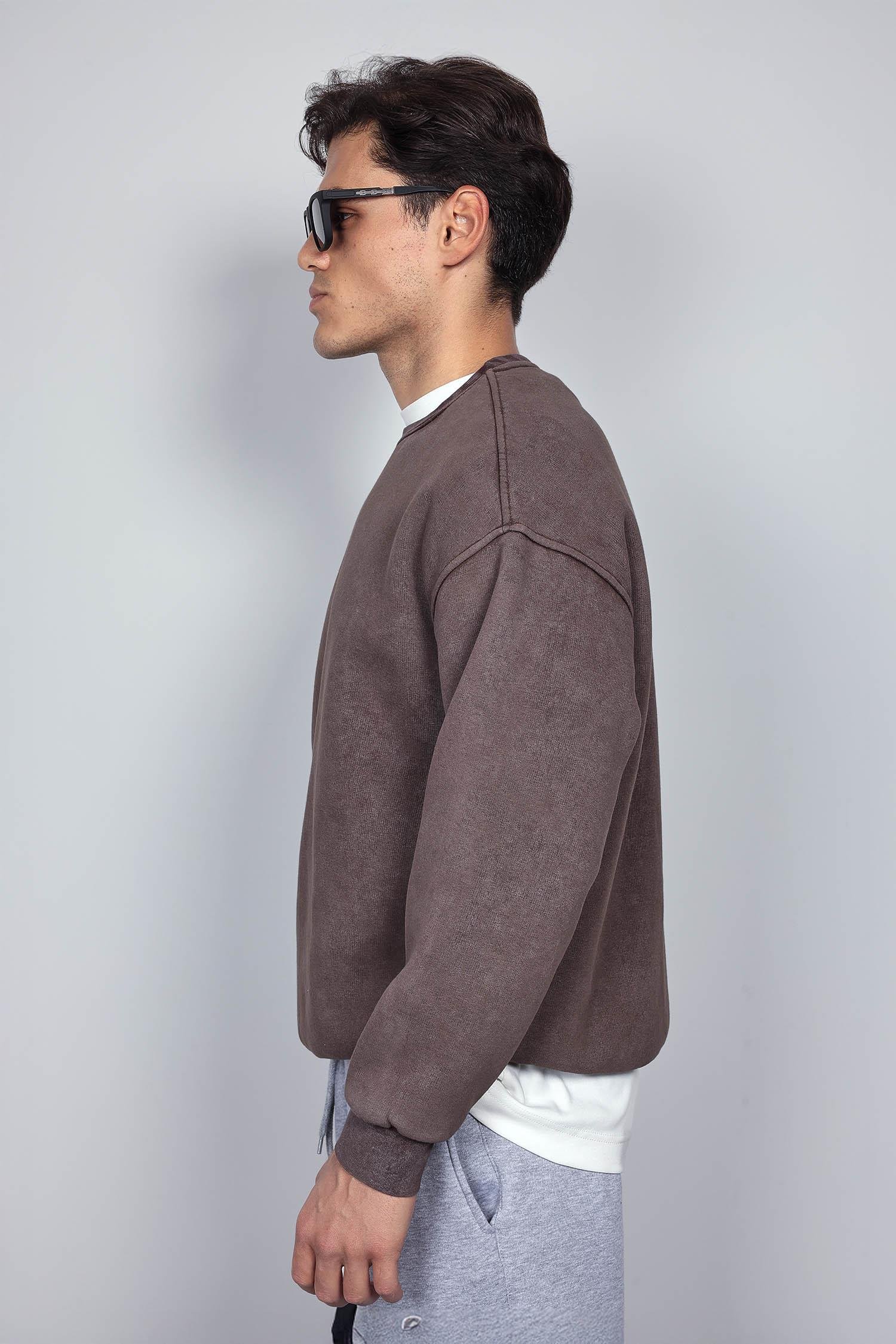 Erkek Oversize Yıkamalı Sweatshirt Kahverengi