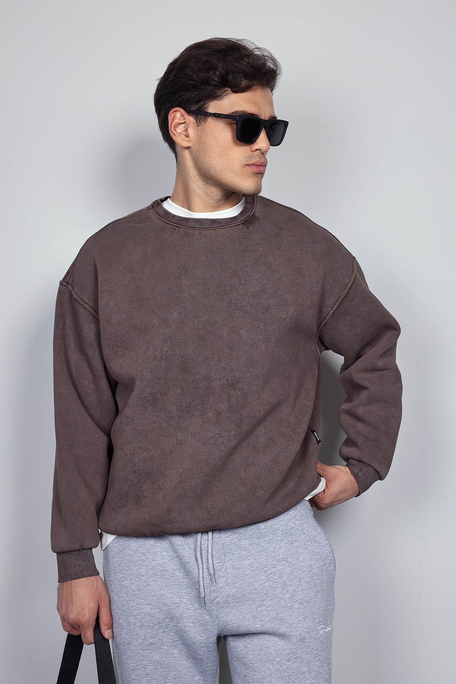 Erkek Oversize Yıkamalı Sweatshirt Kahverengi
