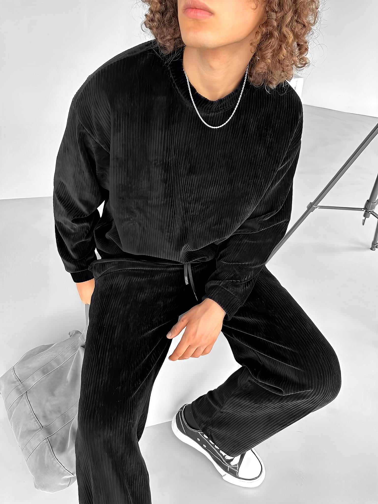 Erkek Oversize Yuvarlak Yaka Fitilli Kadife Sweatshirt Siyah