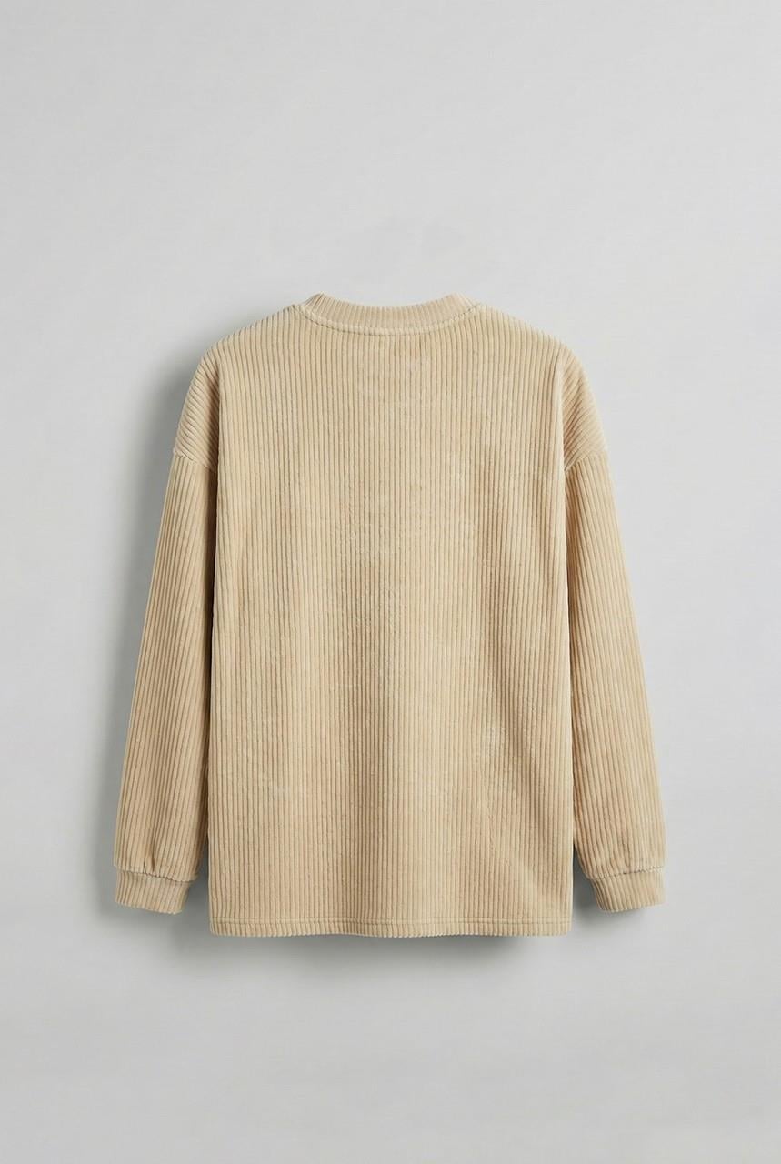 Erkek Oversize Yuvarlak Yaka Fitilli Kadife Sweatshirt Bej