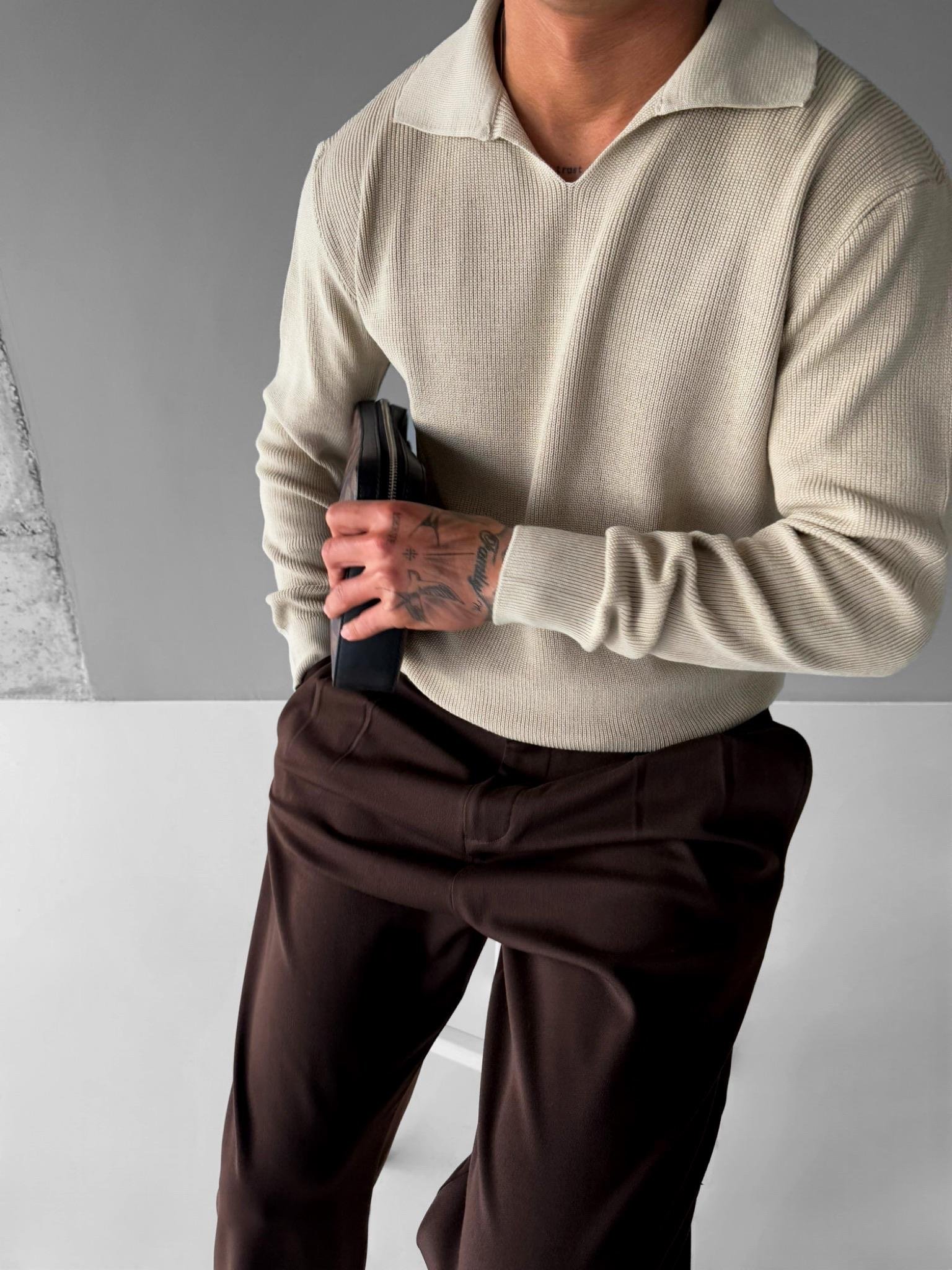 Erkek Polo V Yaka Slim Fit Basic Kazak Bej