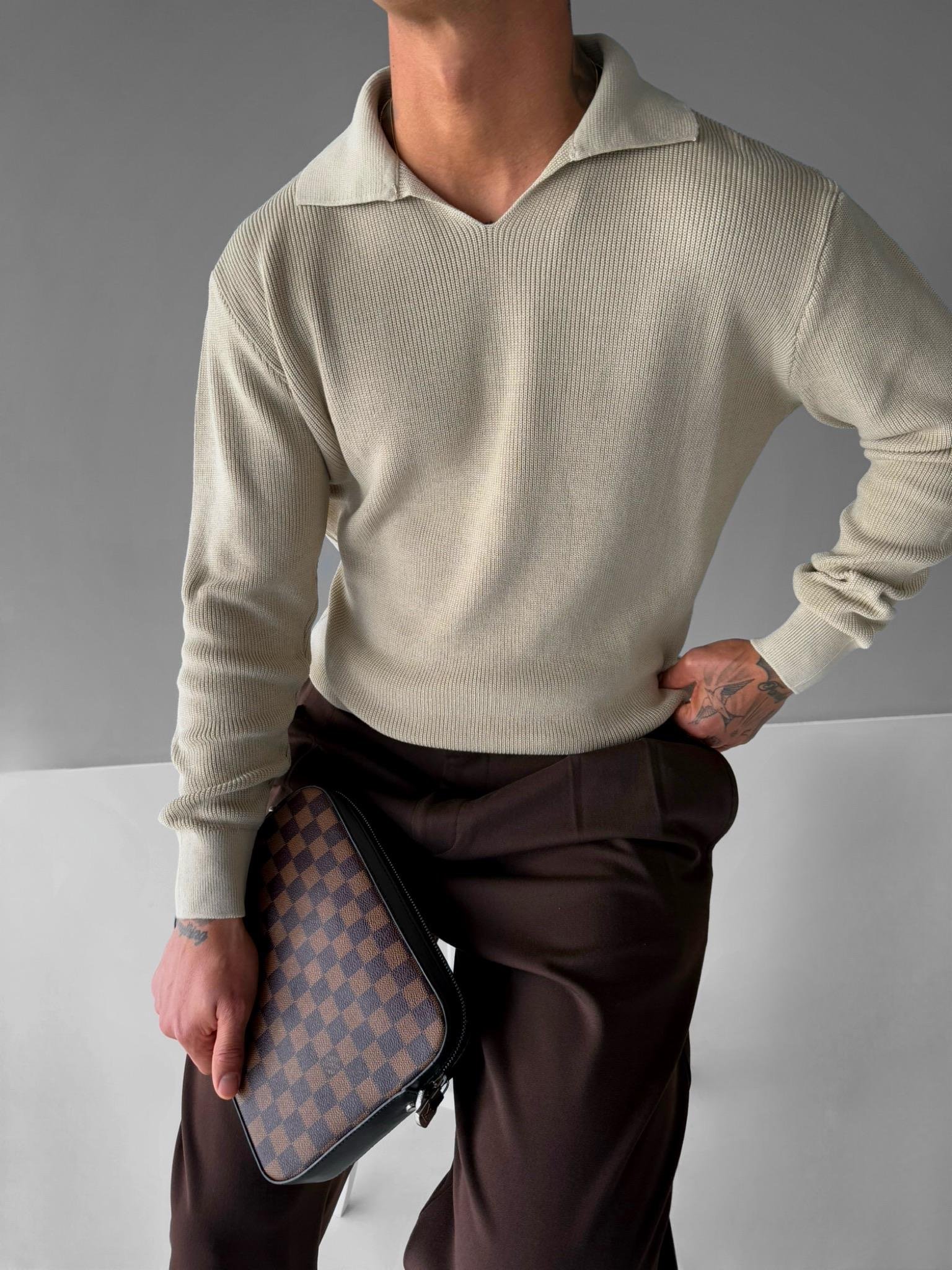 Erkek Polo V Yaka Slim Fit Basic Kazak Bej