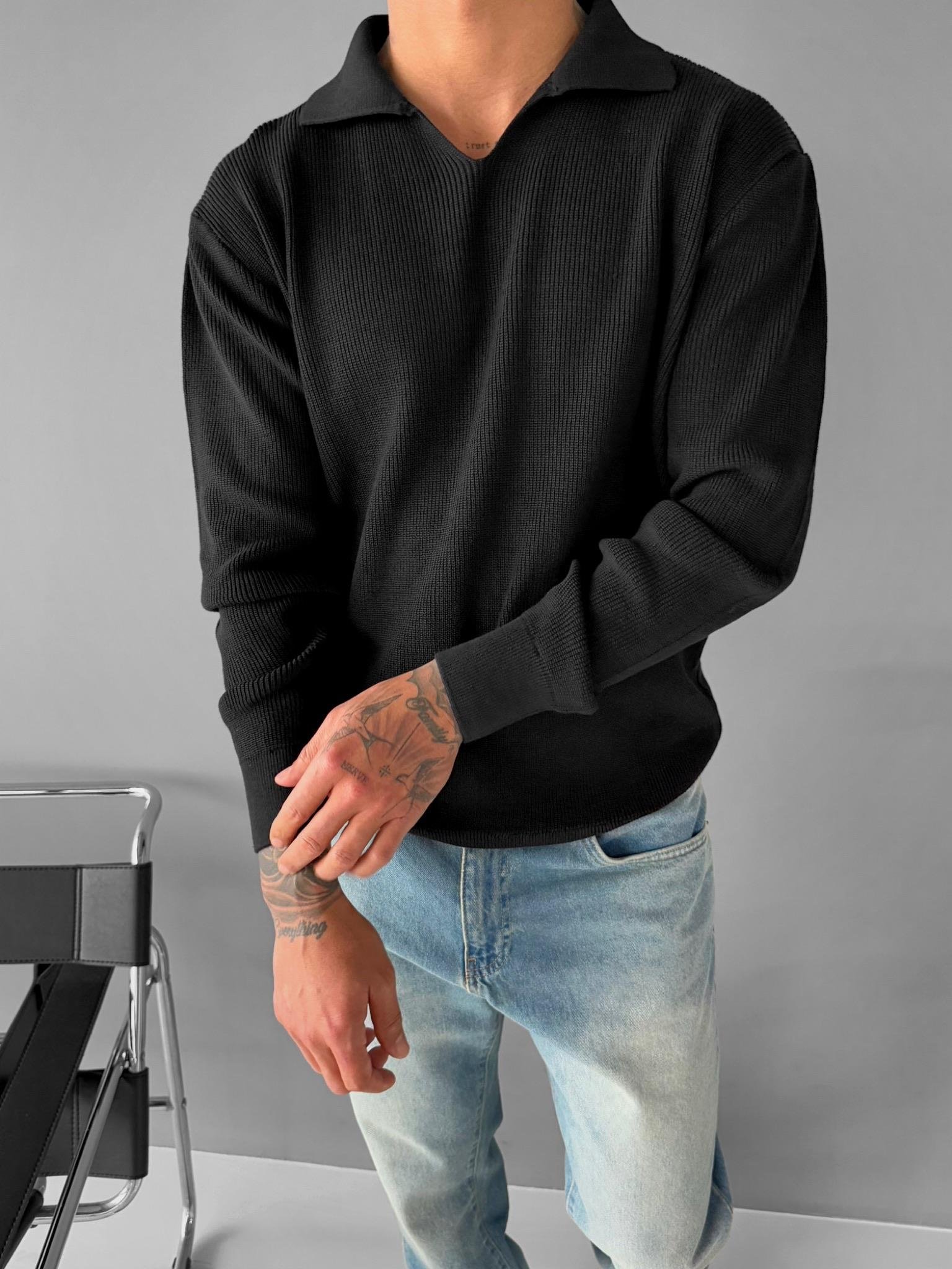 Erkek Polo V Yaka Slim Fit Basic Kazak Siyah