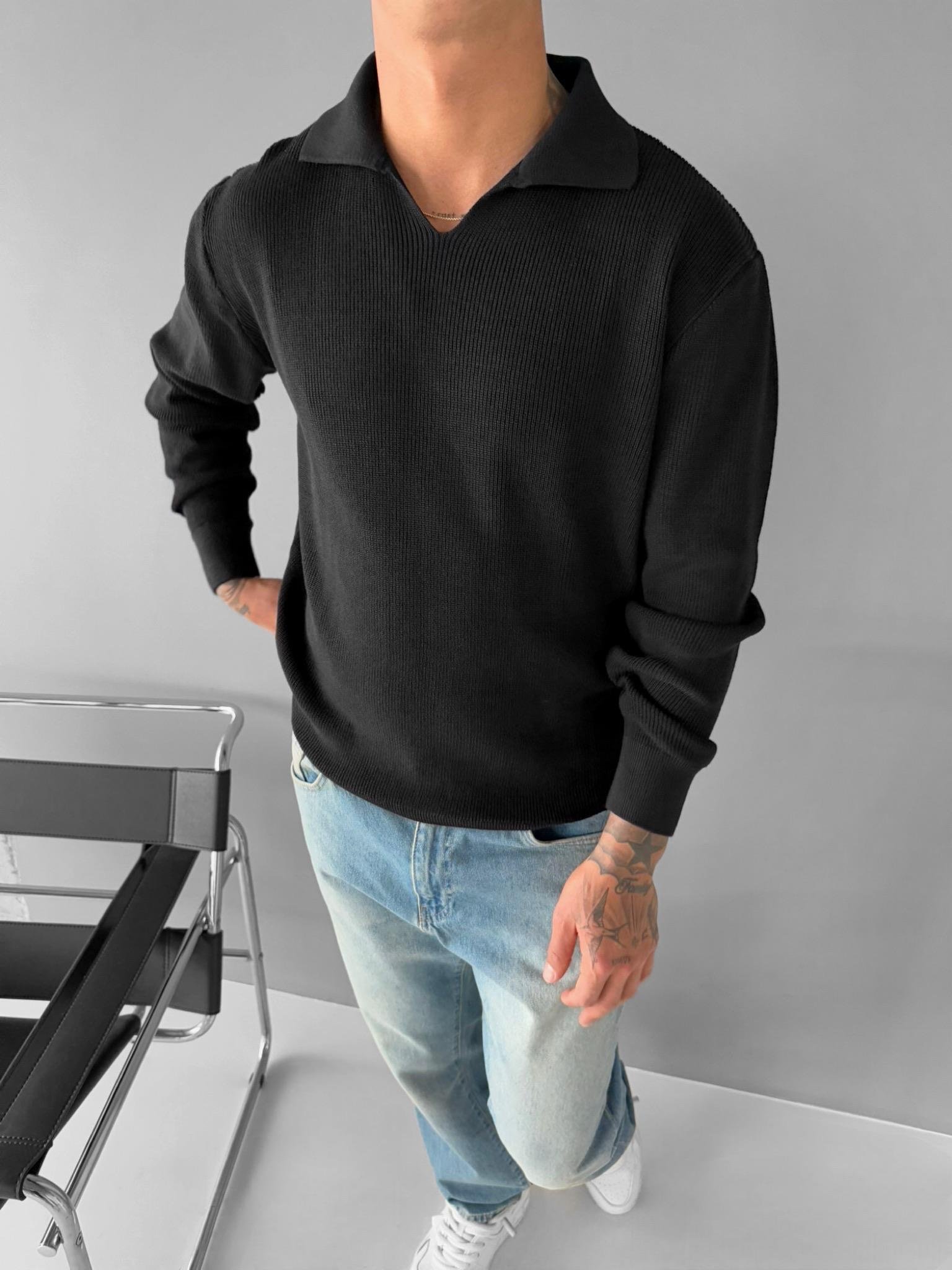 Erkek Polo V Yaka Slim Fit Basic Kazak Siyah