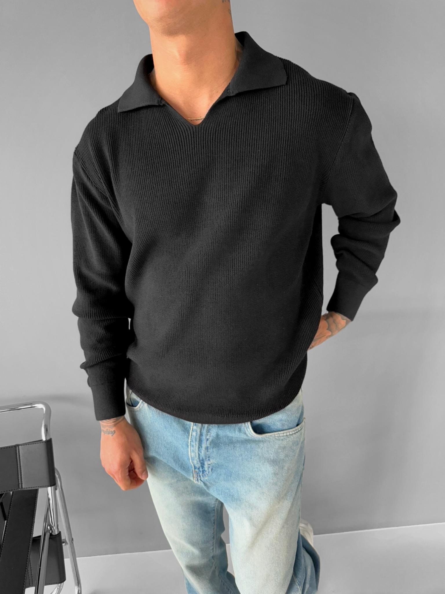 Erkek Polo V Yaka Slim Fit Basic Kazak Siyah
