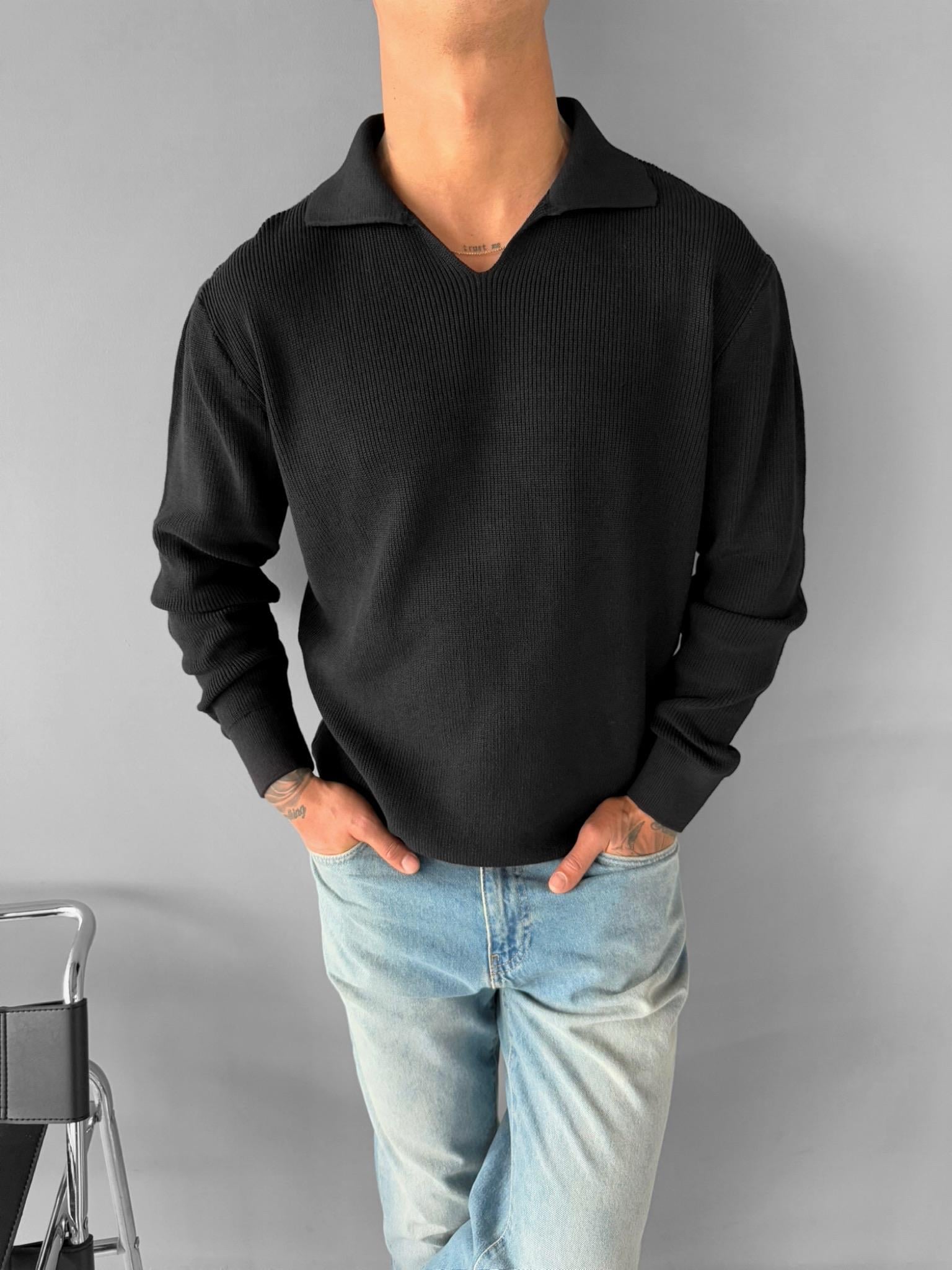 Erkek Polo V Yaka Slim Fit Basic Kazak Siyah