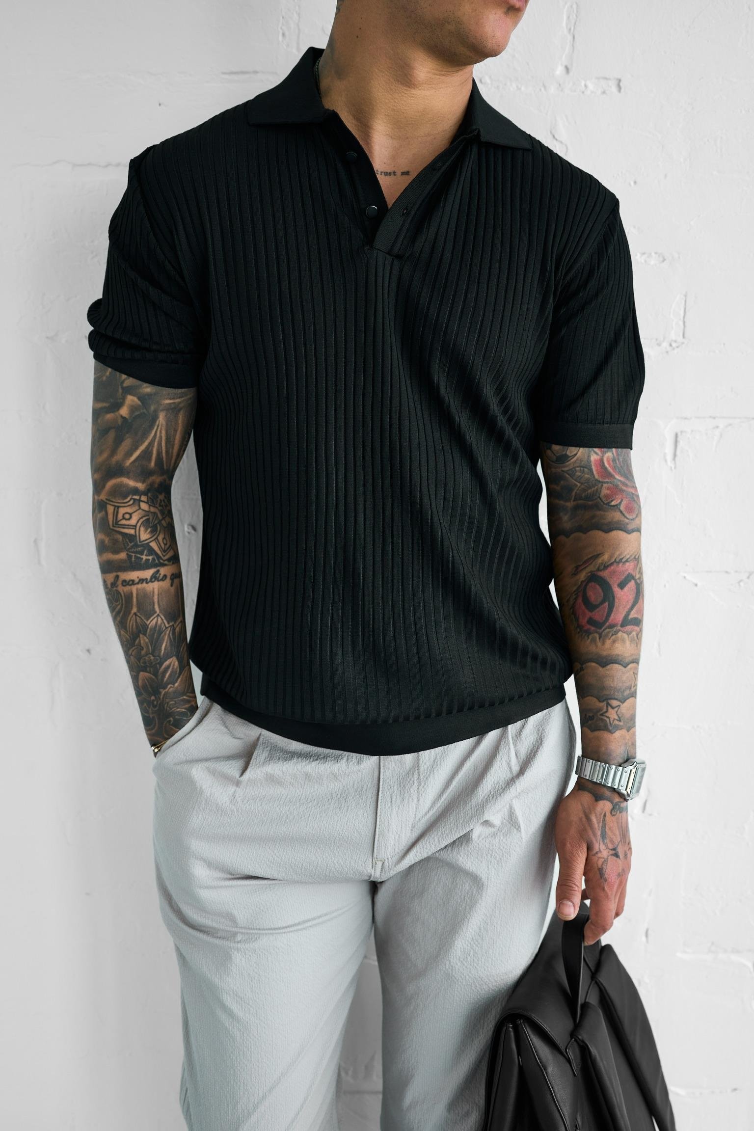 Erkek Polo Yaka Düğmeli Slim Fit T-Shirt Siyah