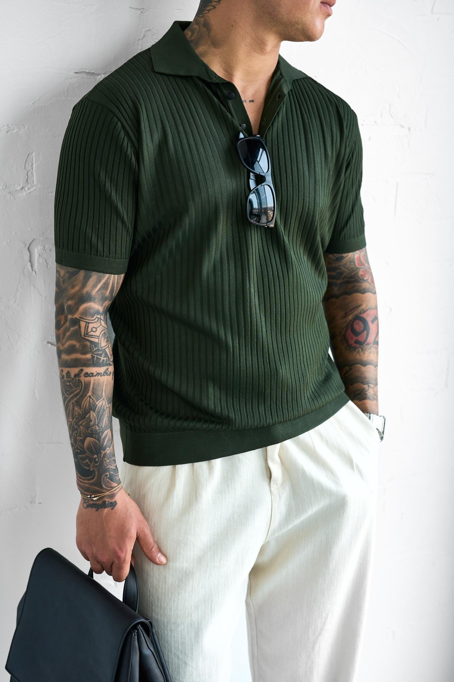 Erkek Polo Yaka Düğmeli Slim Fit T-Shirt Haki Yeşil