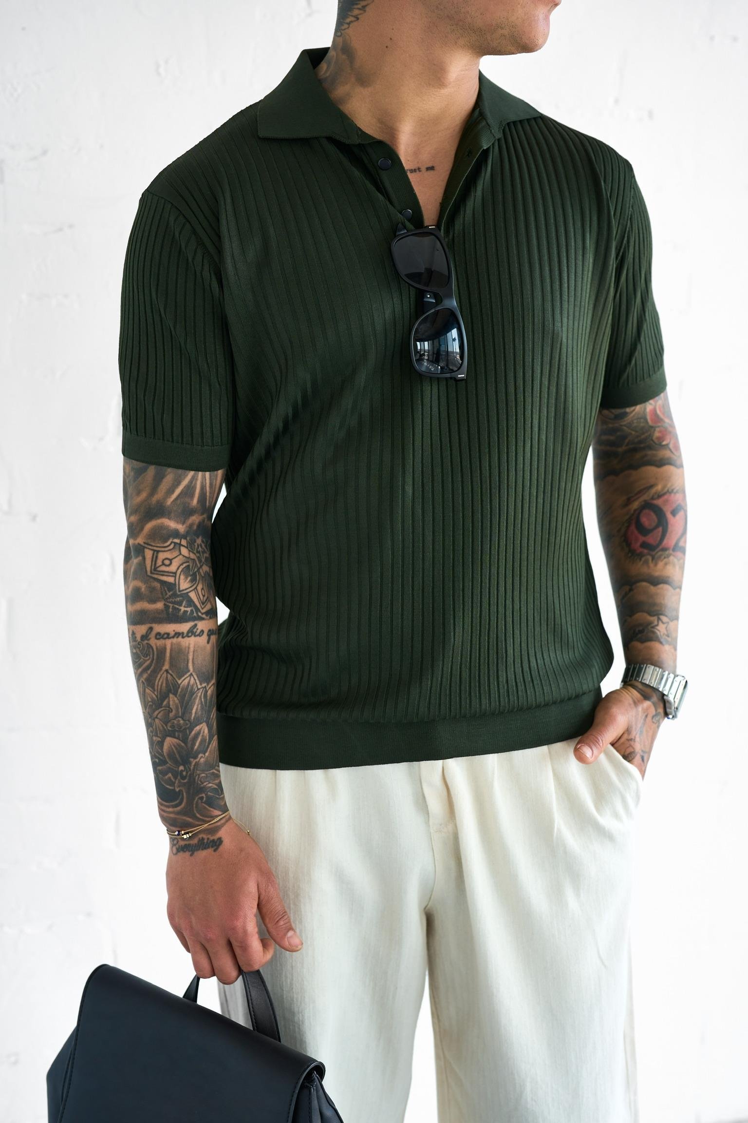 Erkek Polo Yaka Düğmeli Slim Fit T-Shirt Haki Yeşil