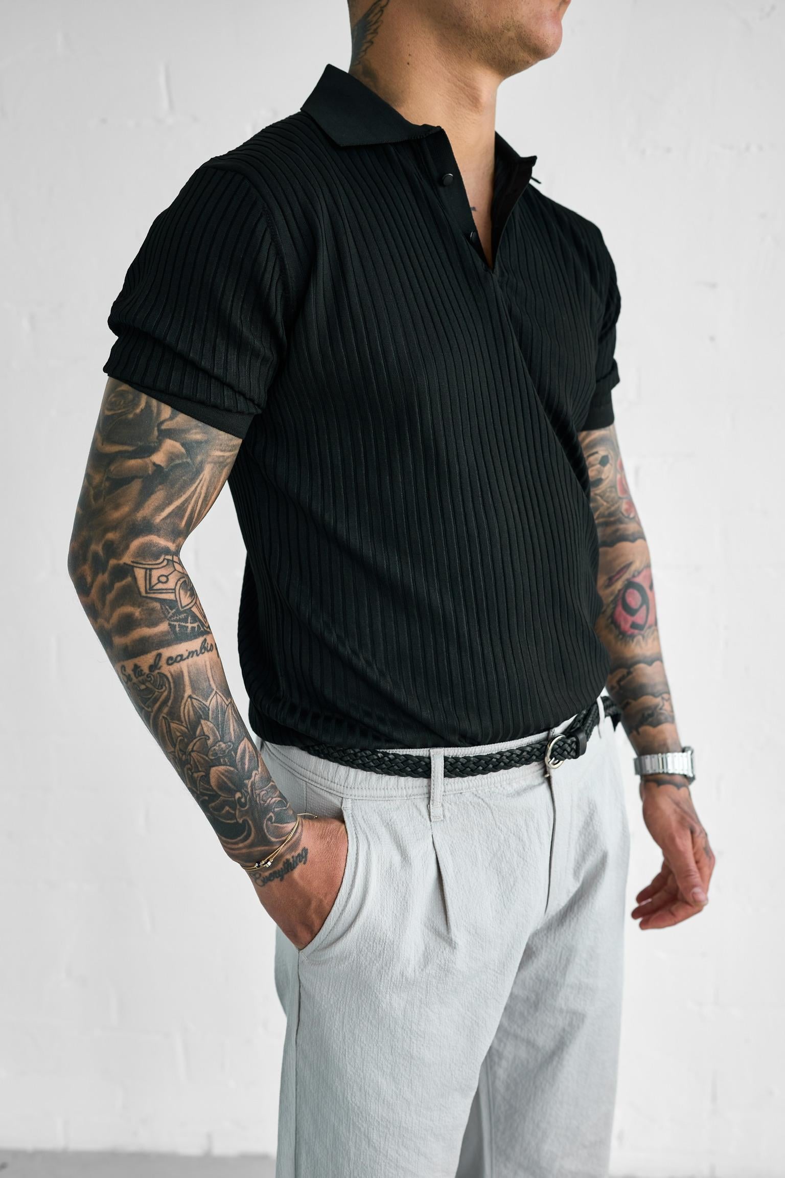Erkek Polo Yaka Düğmeli Slim Fit T-Shirt Siyah